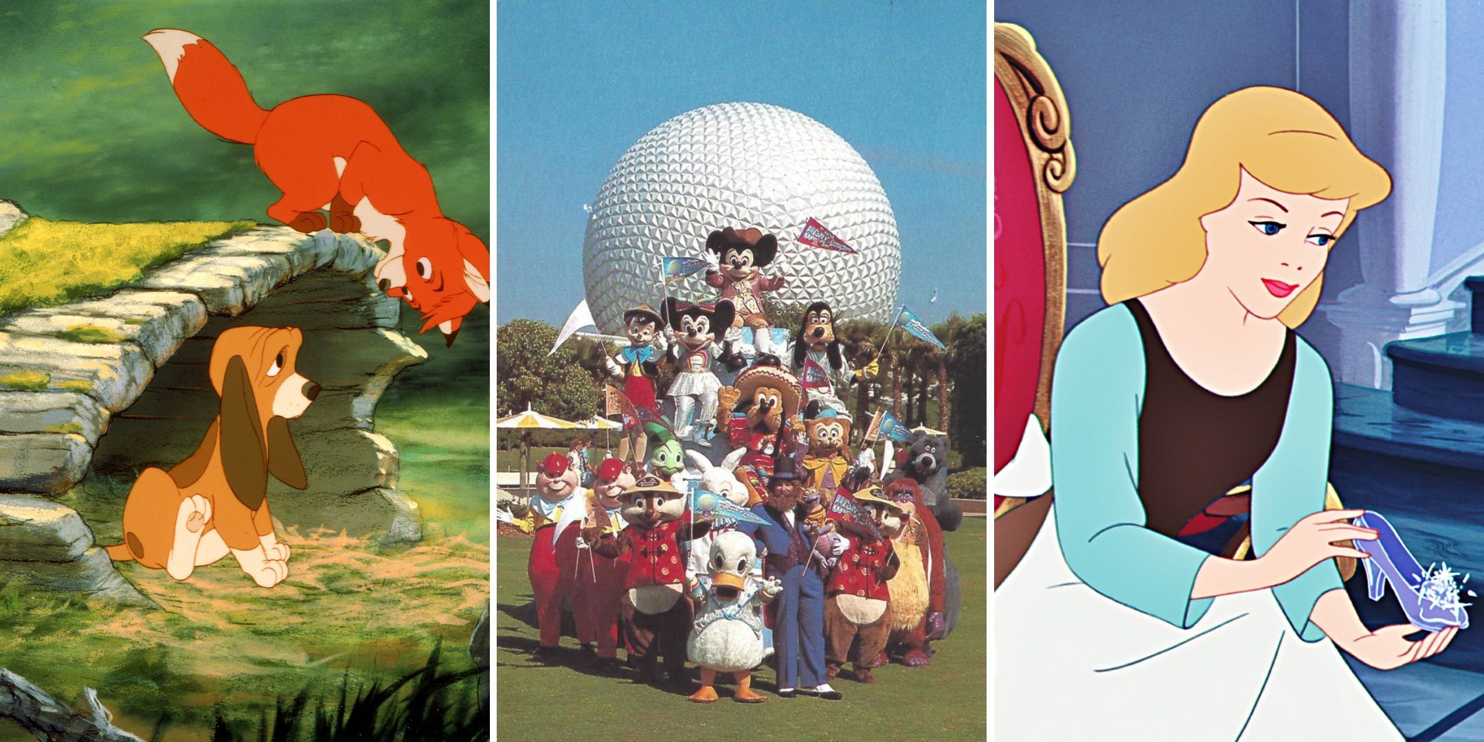 collage of the Fox and the Hound, Disney Parks, and Cinderella.