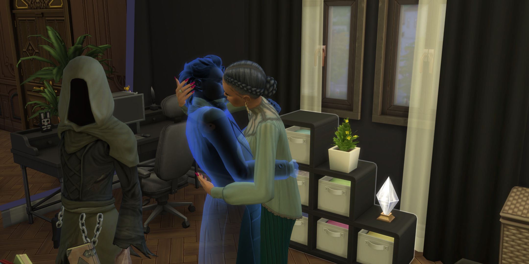 Olive Specter and Layne Coffin kiss in front of the Grim Reaper.