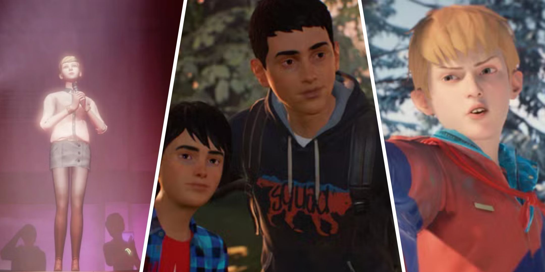 Image of Victoria Chase from Life is Strange and of Sean Diaz, Daniel Diaz, and Chris Eriksen from Life is Strange 2.