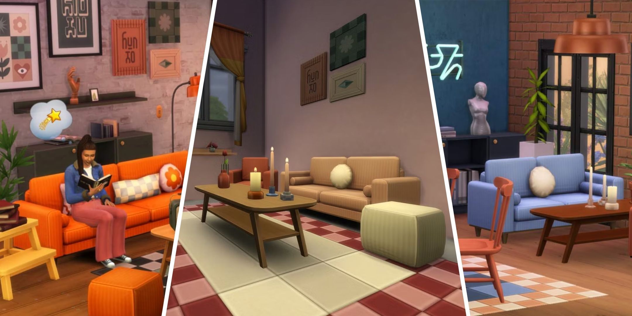 Three images with one Sim sitting and reading, an image of a sofa and a coffee table with clutter surrounding it, and another image of another sofa and coffee table surrounded by clutter from the Cozy Kitsch Kit from The Sims 4.