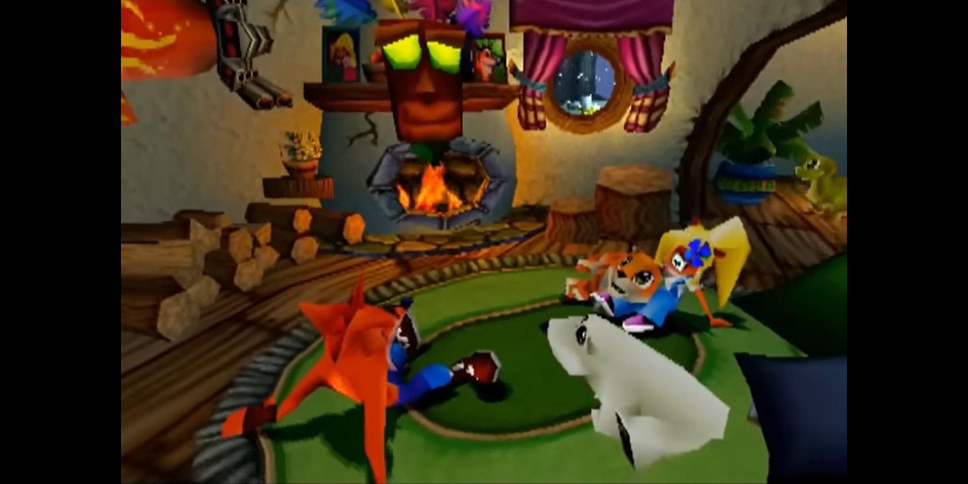 Crash and his friends sitting in the living room in Crash Bandicoot Warped.