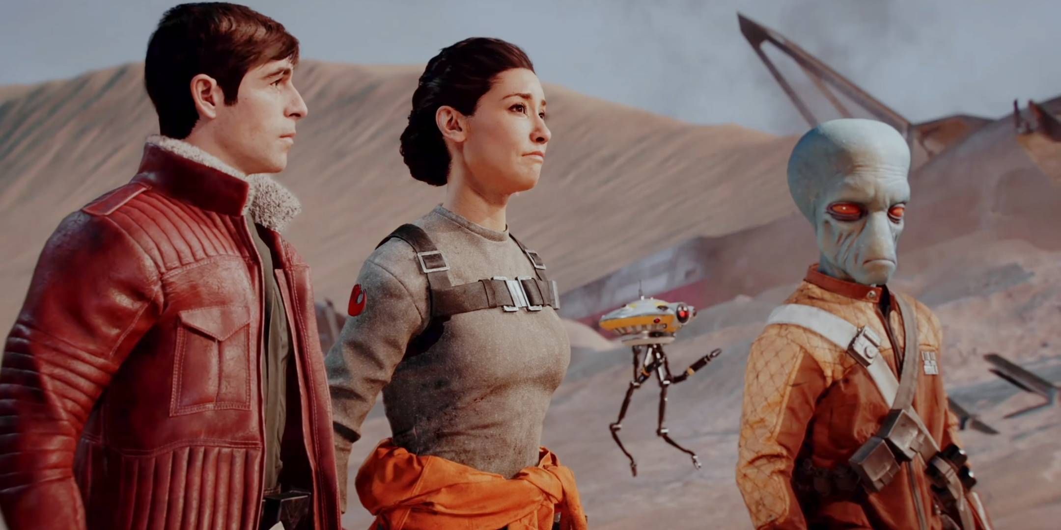 Del Meeko, Iden Versio, and Del Meeko looking out over the aftermath of the Battle of Jakku in Star Wars Battlefront 2.
