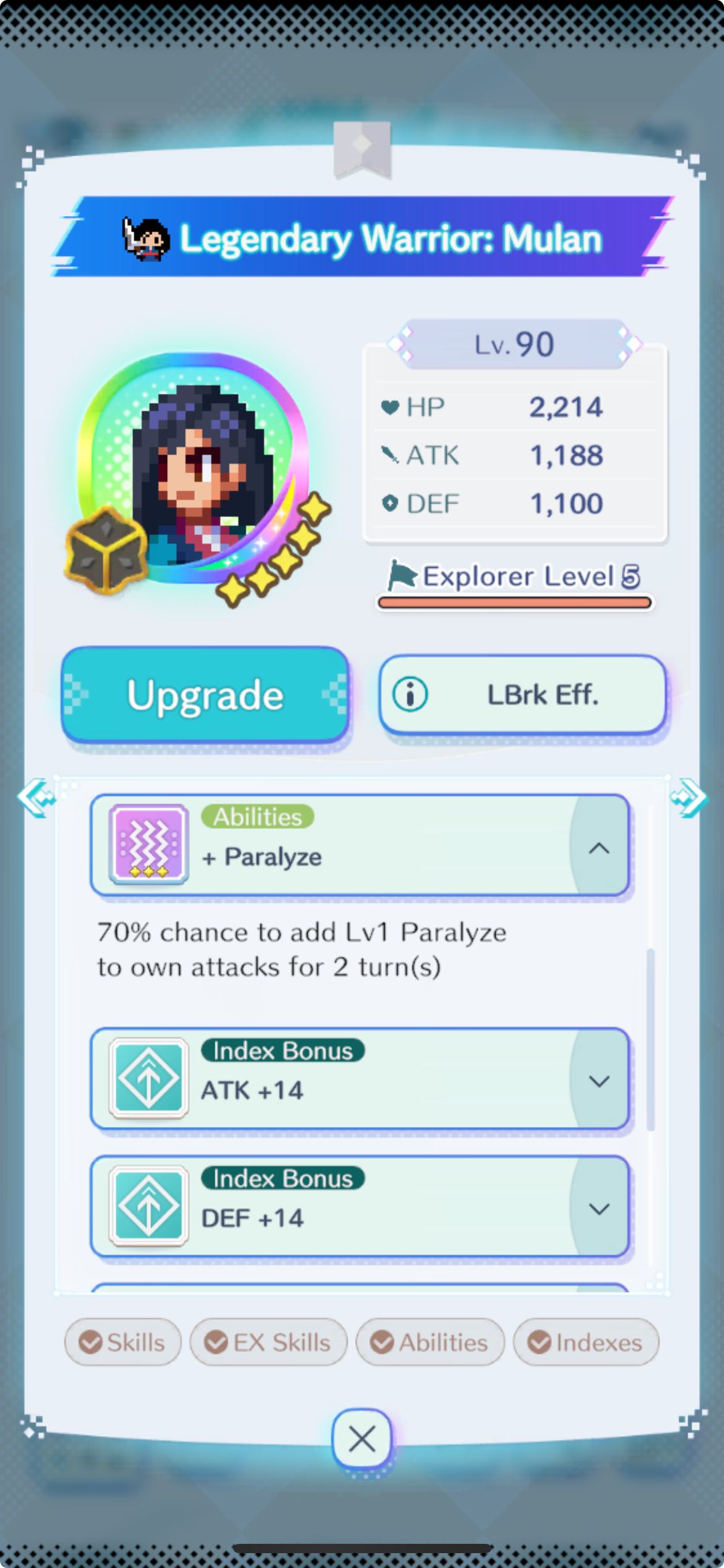 Disney Pixel RPG character screen for Mulan showing plus paralyze ability equipped.