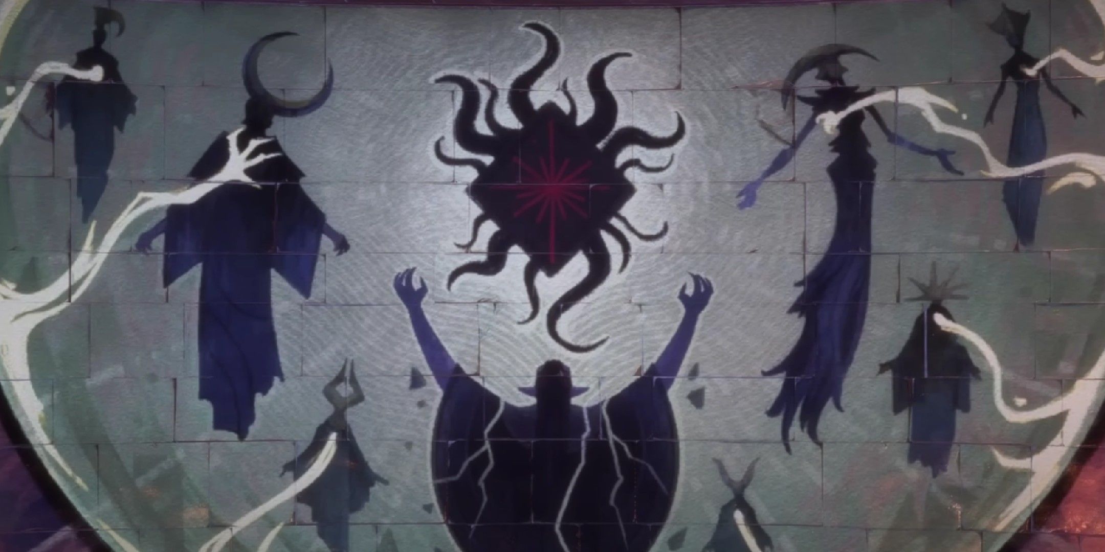 Dragon Age Veilguard image showing a mural depicting Solas trapping the other elven gods.