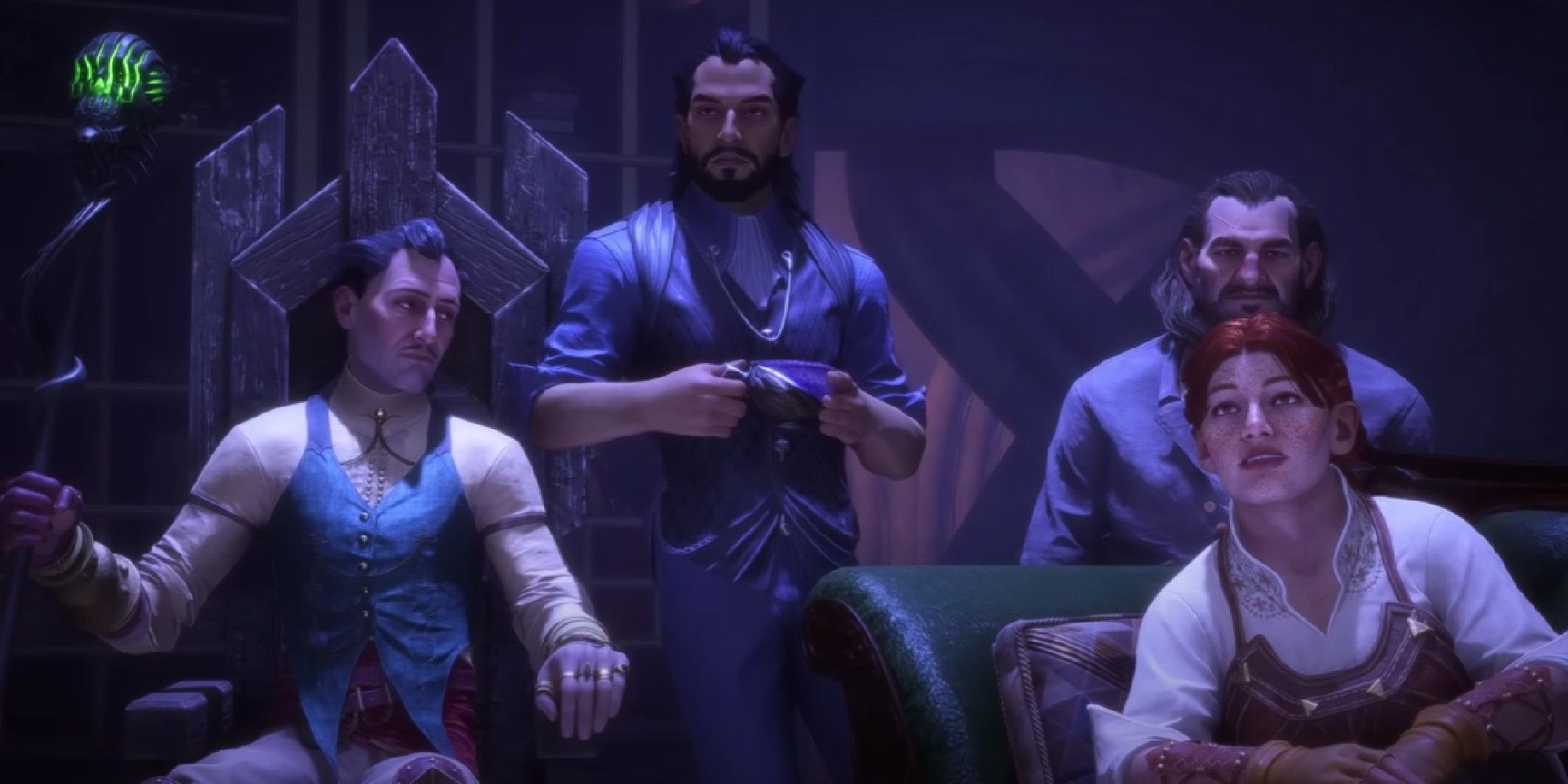 Dragon Age Veilguard image showing the main party members and Varric.