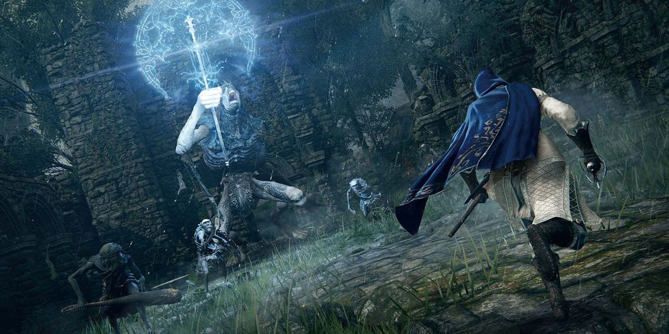 Elden Ring player running towards enemies in ruins while a large foe prepares a spell.