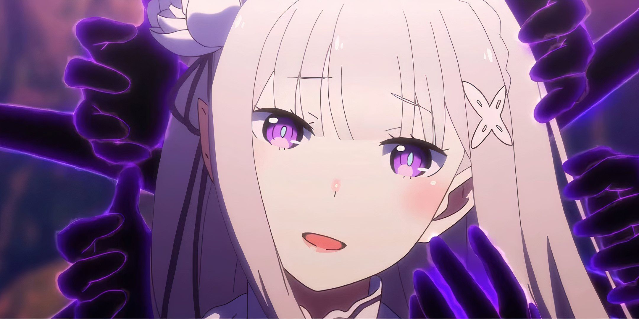Emilia from ReZero smiling with a worried expression on her face as Satella&rsquo;s shadow arms come up to envelop her.