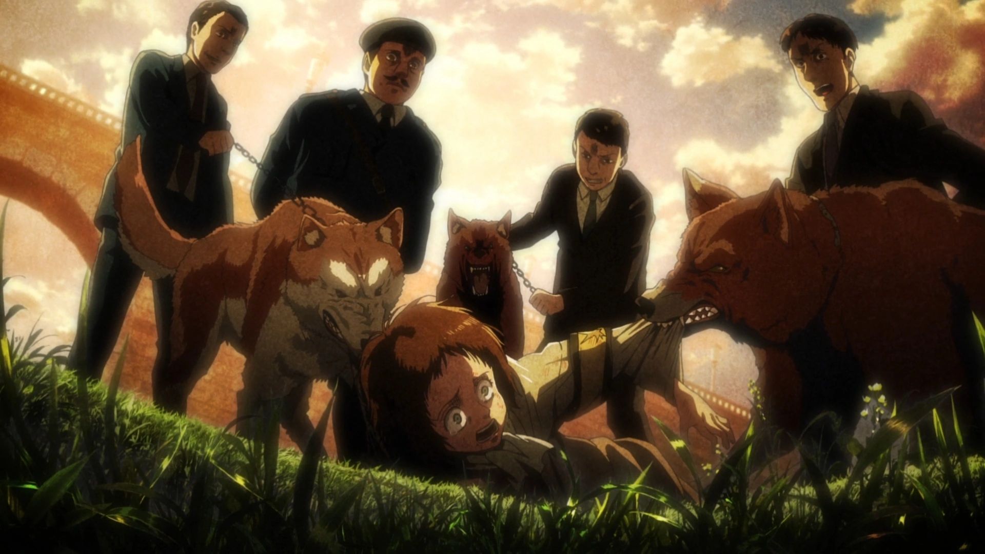 Fay looks scared as she is about to be eaten by dogs in Attack on Titan.