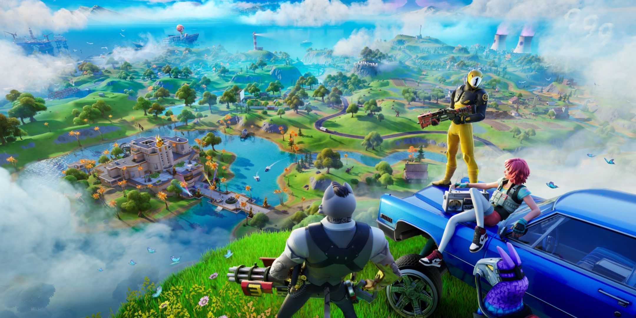 Players in Fortnite looking over a hill to the map. 