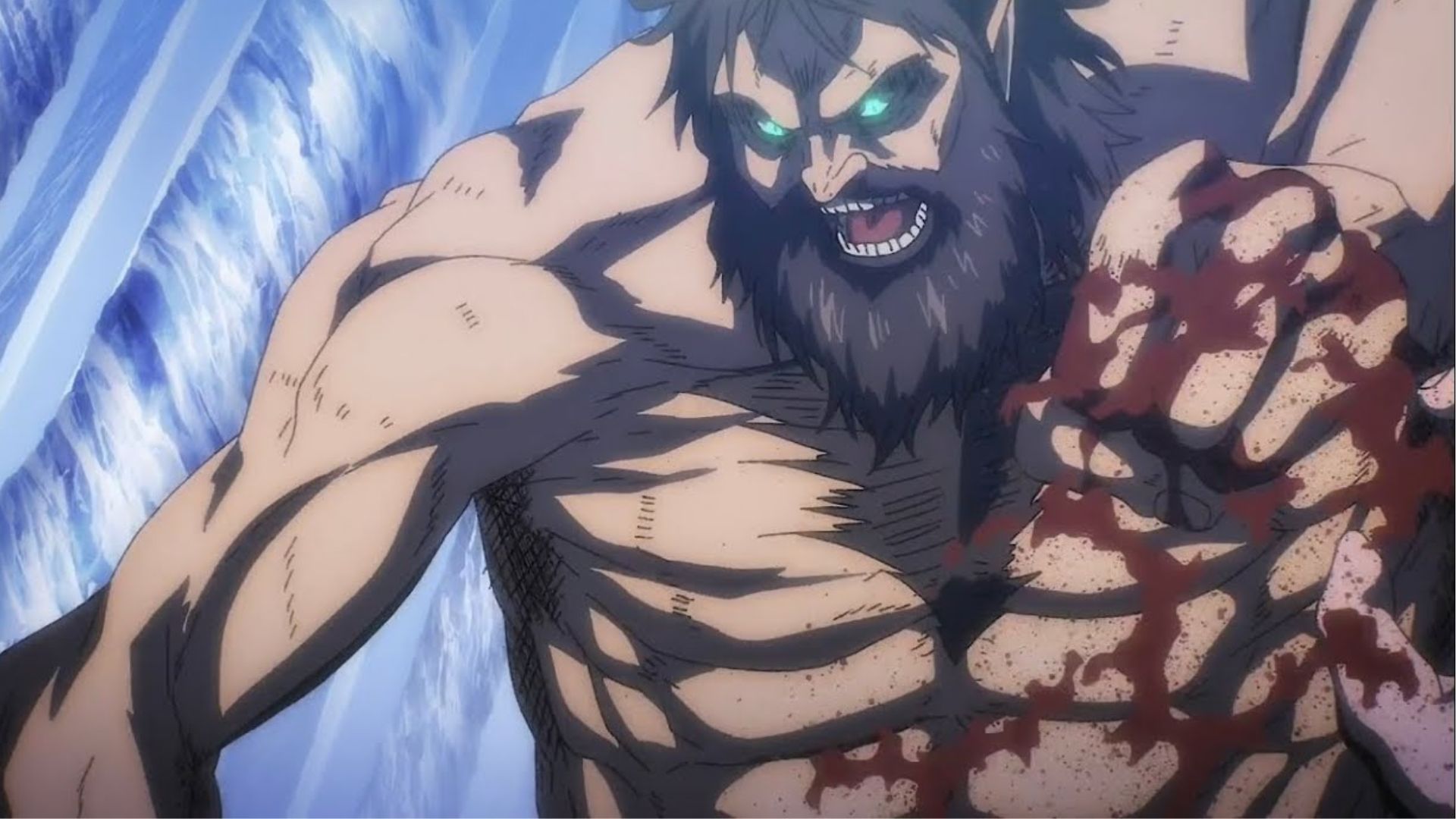 Grisha is in his titan form with fist covered in blood and is about to steal the Founding Titan in Attack on Titan.