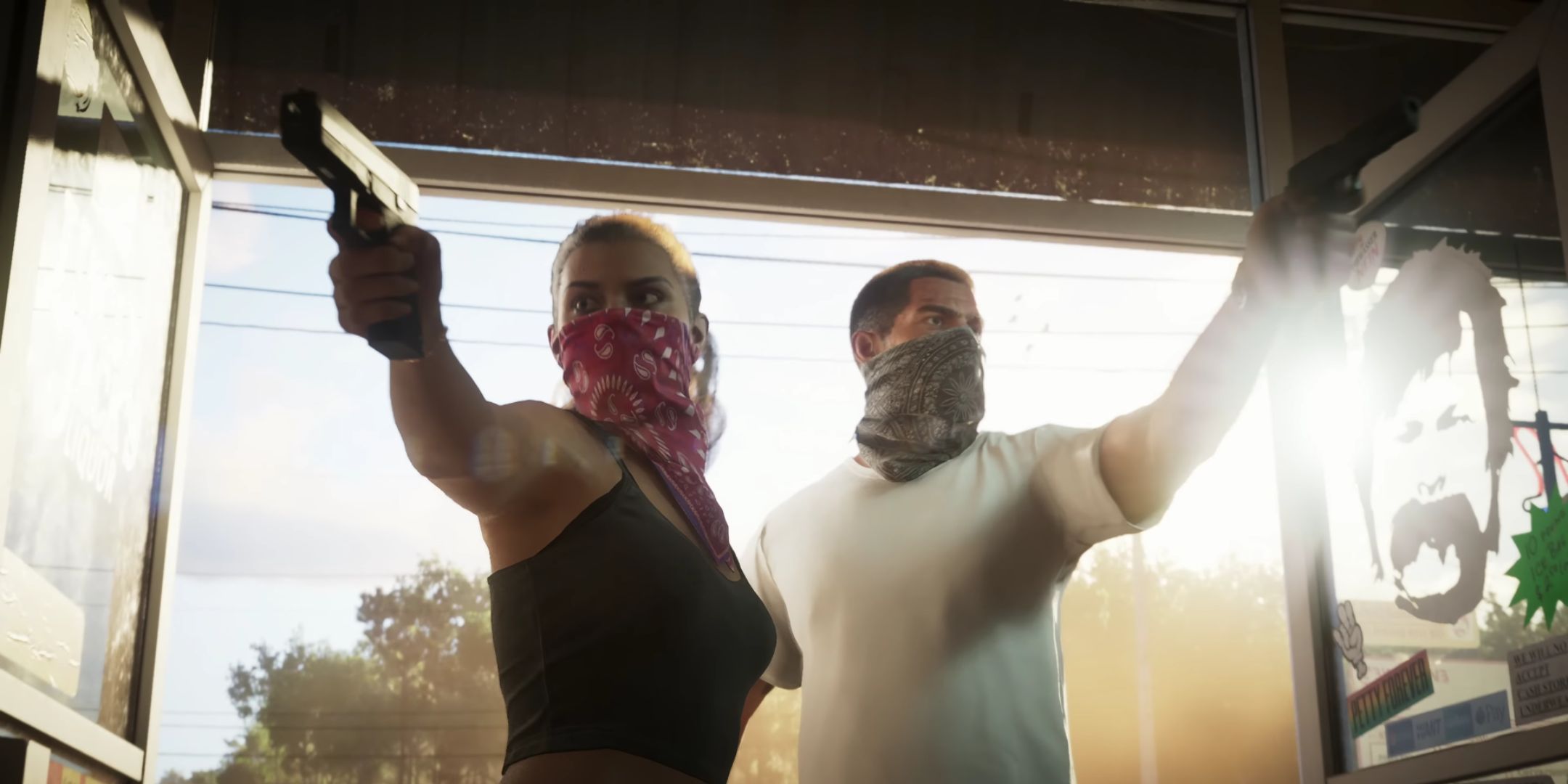 Jason and Lucia robbing a shop in Grand Theft Auto 6.