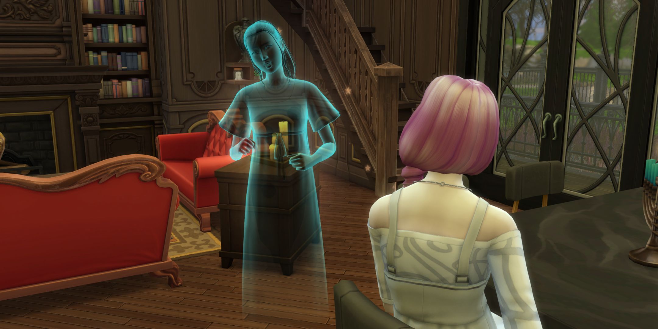 A pink haired woman talks to a blue female ghost in a haunted house.