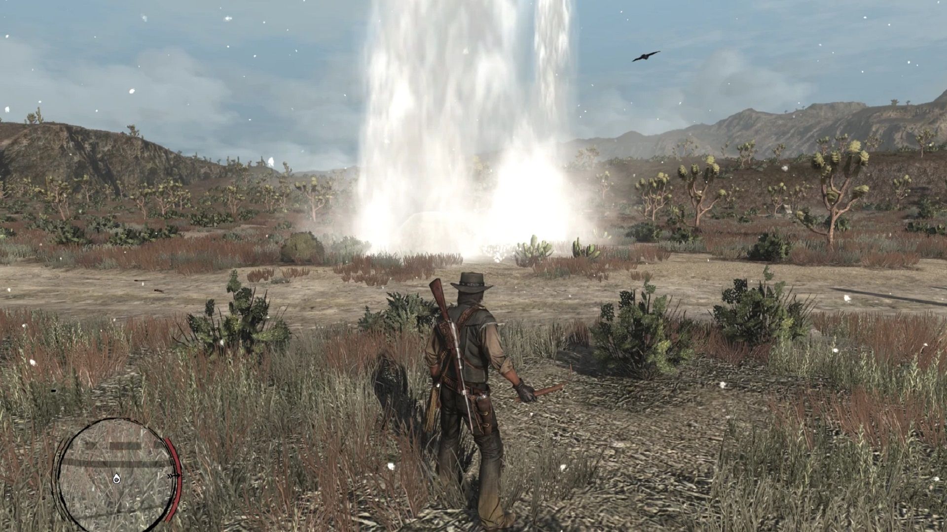 John Marston approaches a snowy geyser in Red Dead Redemption.