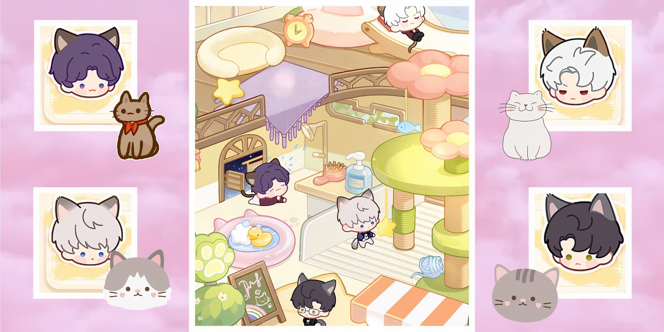 Love And Deepspace: An image of four chibi cat versions of the love interests and a screenshot of the Meow's Time Cafe screen.