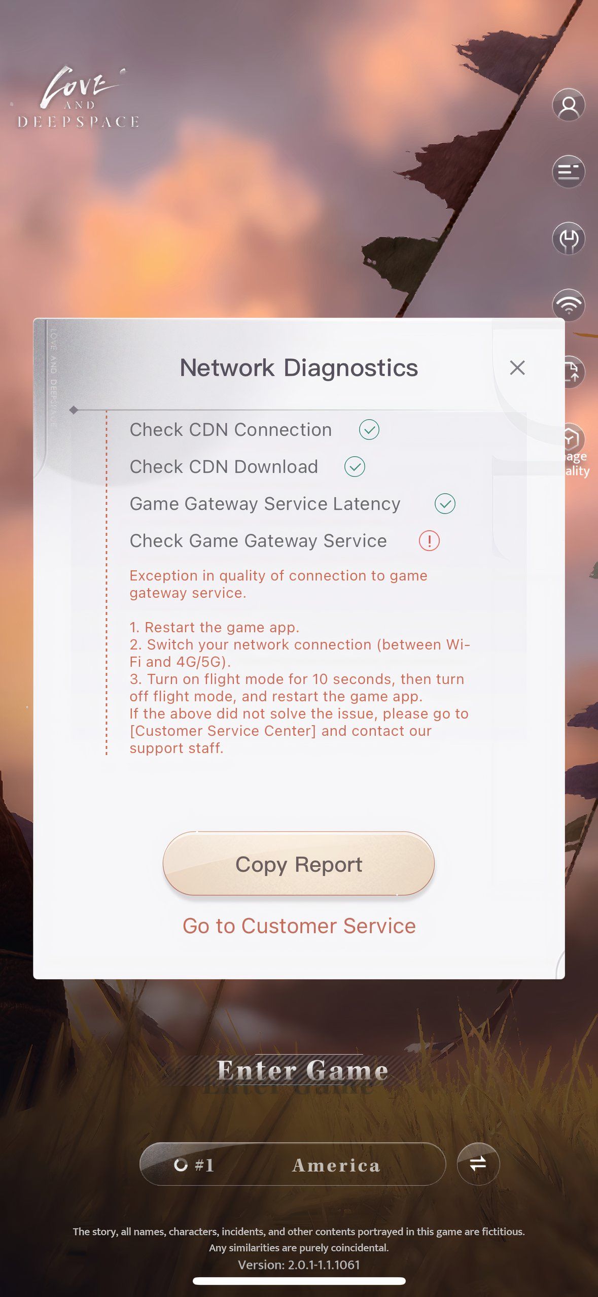 Love And Deepspace: An image of the Network Diagnostic screen.