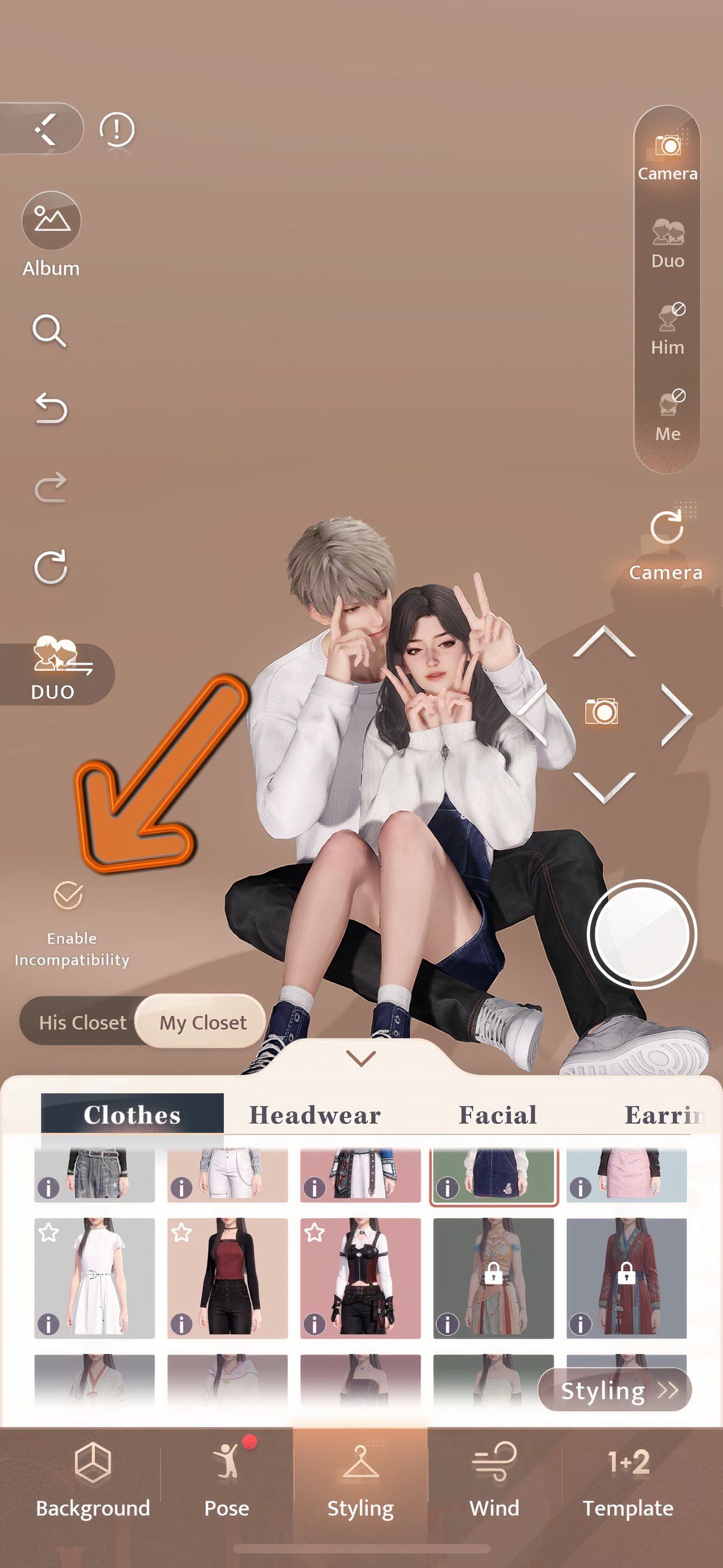 Love And Deepspace: An image of the player and Xavier in Glint Photobooth with an orange arrow indicating the 'Enable Incompatibility' toggle.