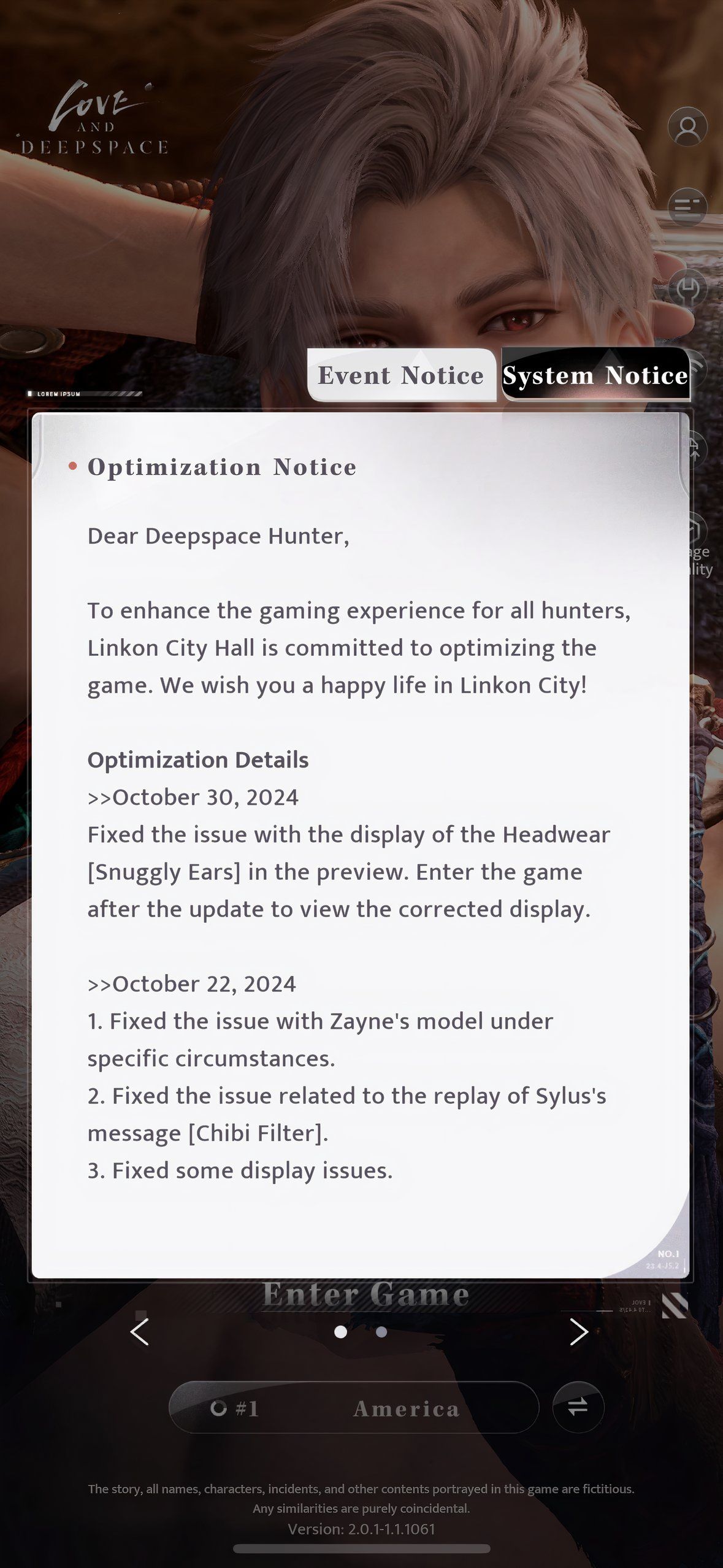 Love And Deepspace: An image of the Server Notice screen.