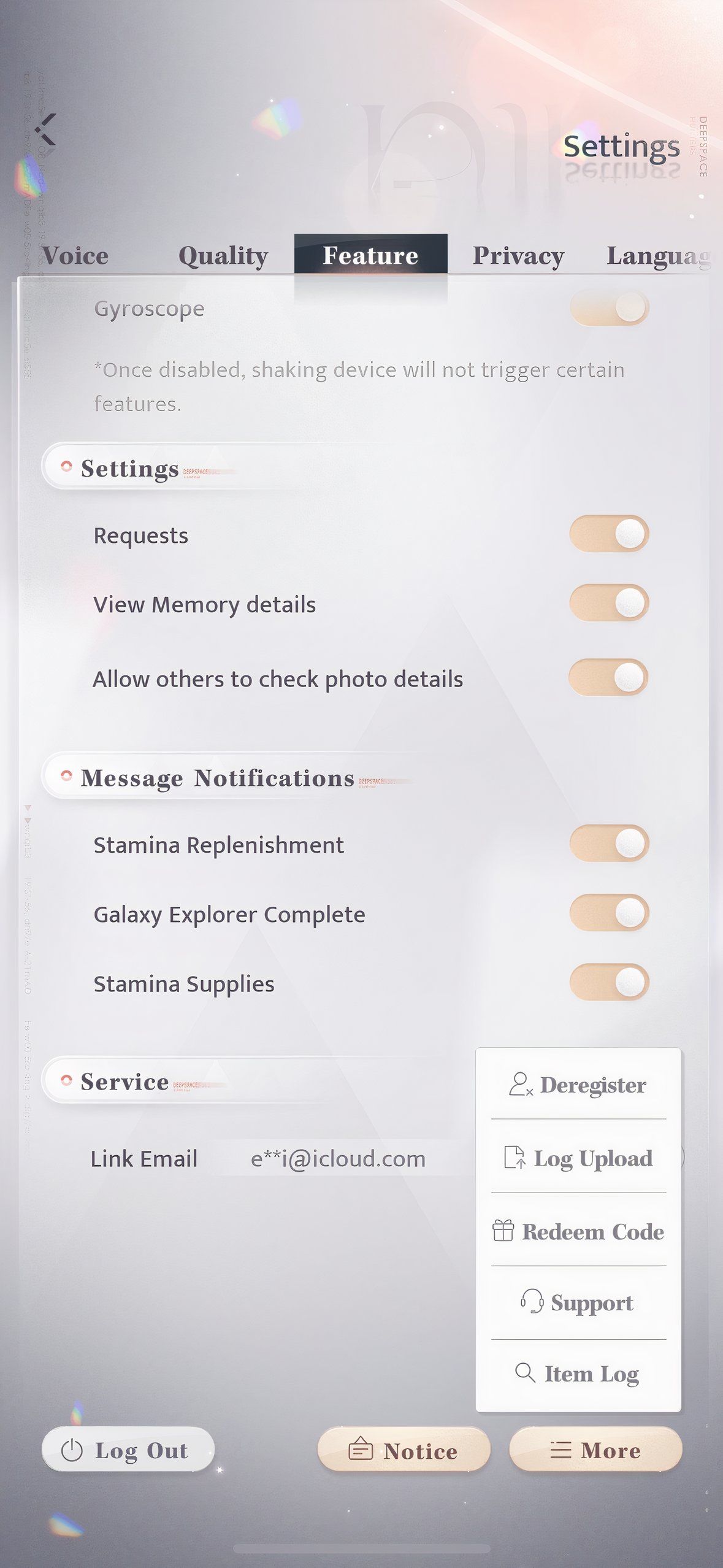 Love And Deepspace: An image of the settings in Profile.