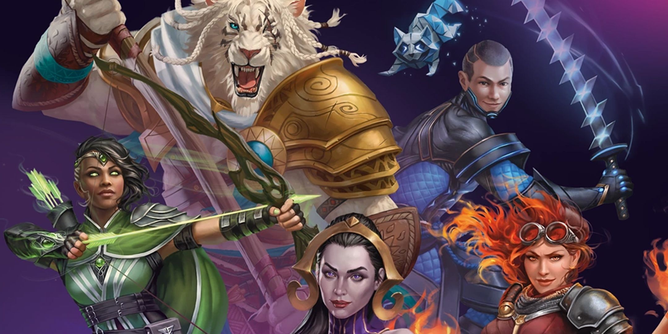 Magic The Gathering Ajani and other characters in front of a purple background on the box art of the Foundations Jumpstart set.