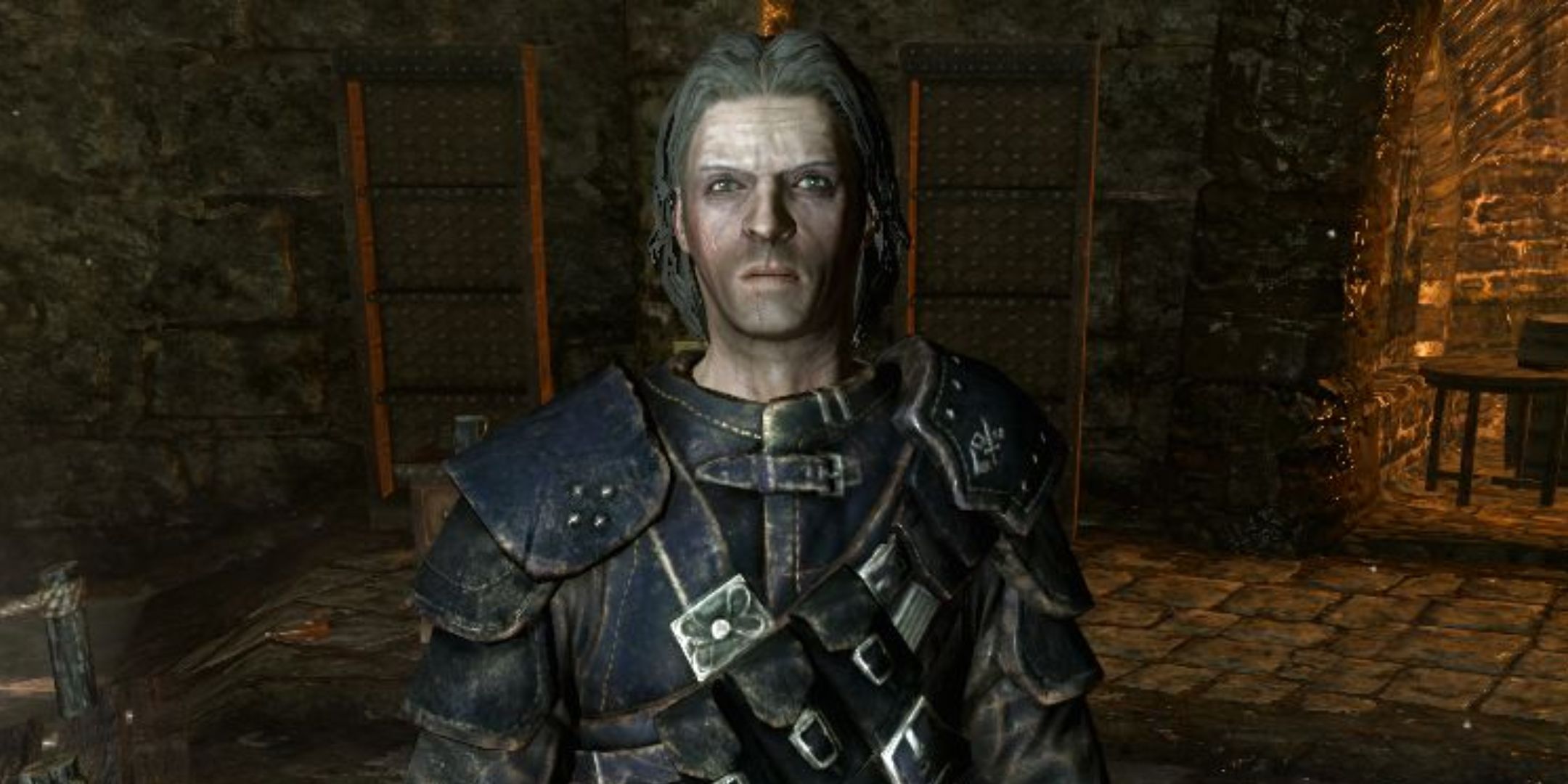 Mercer Frey from Skyrim standing upright looking displeased