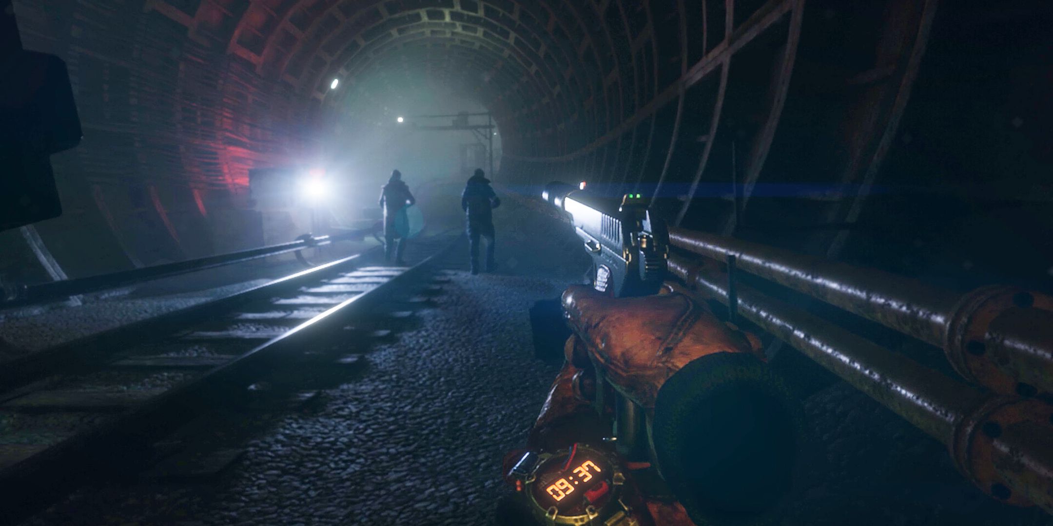 Metro Awakening screenshot of player holding a handgun with two people in front of them.