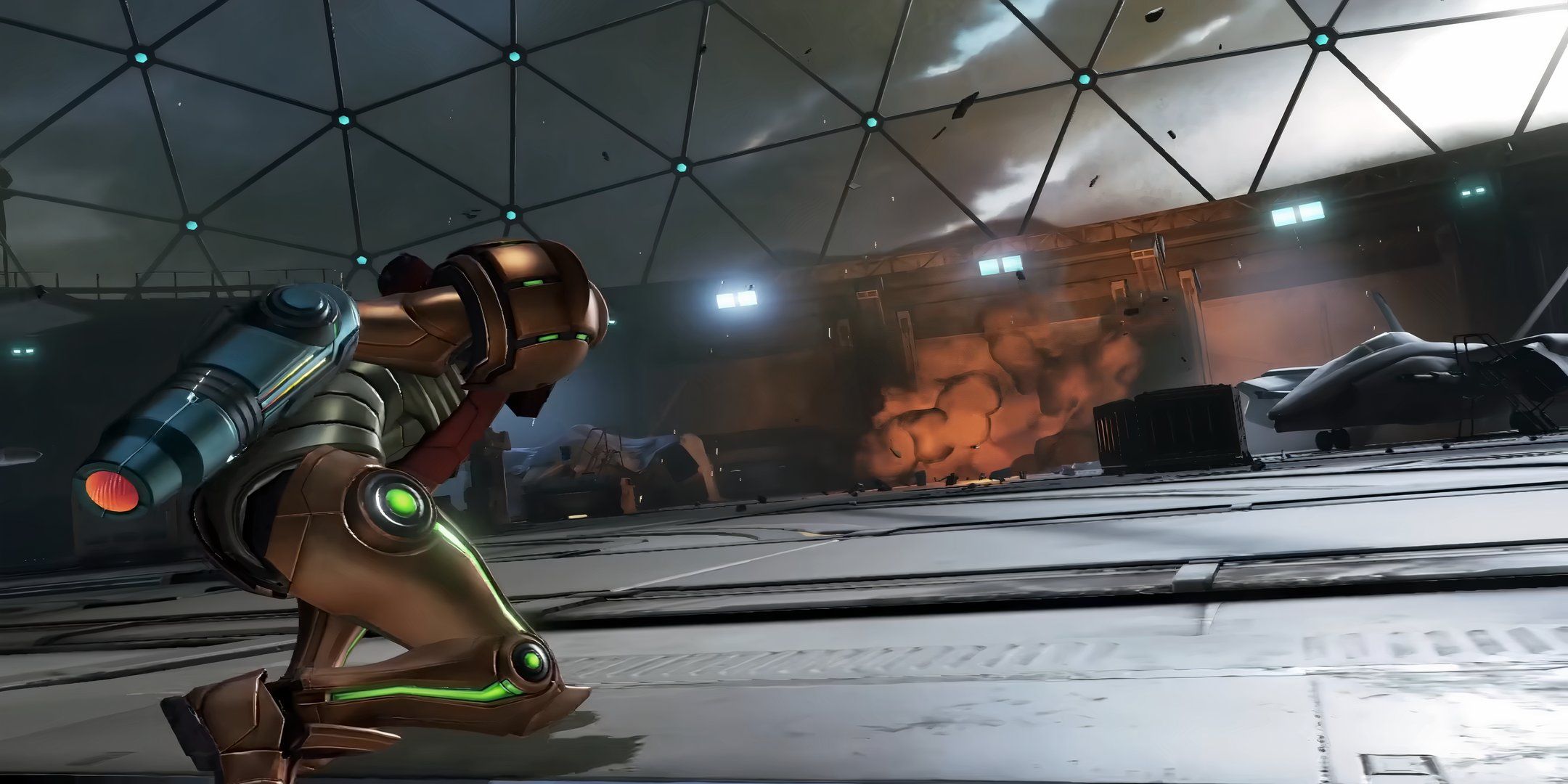 Metroid Prime 4: Beyond Samus crouching in a spaceship hanger.