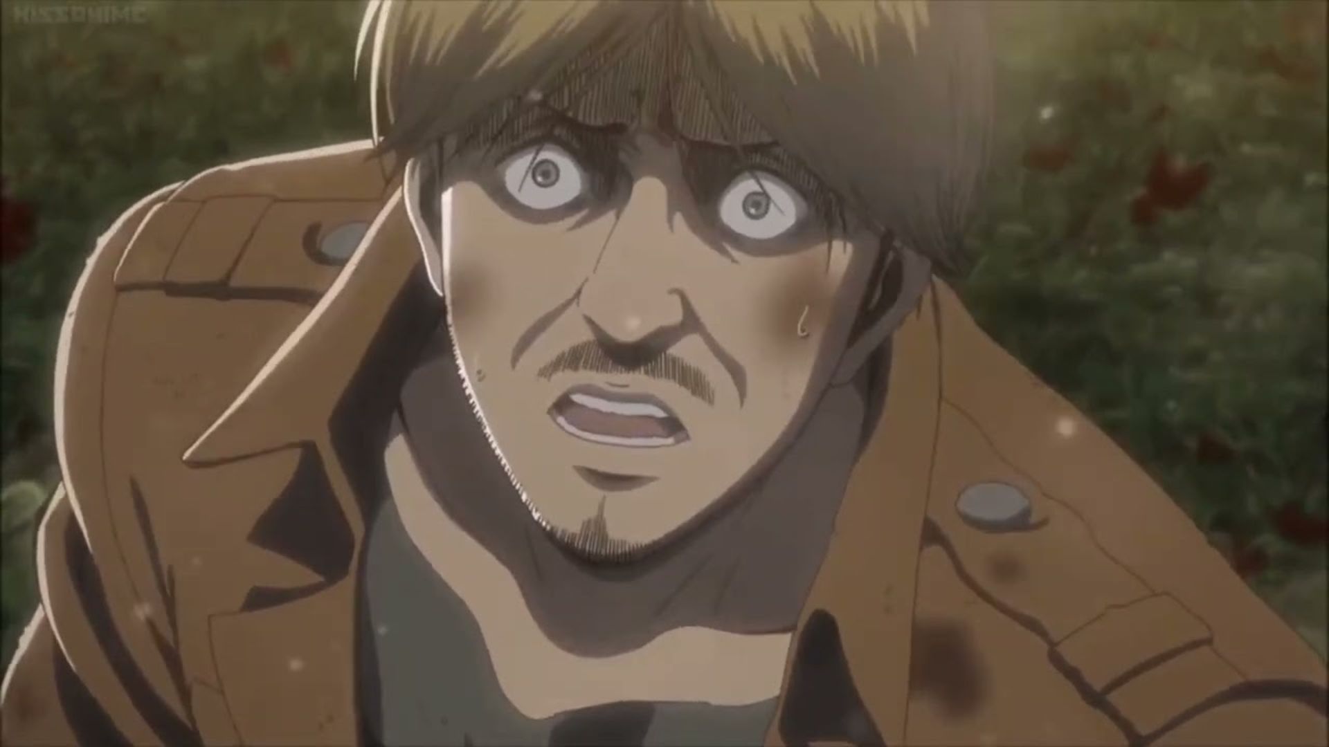 Mike looks scared in Attack on Titan.