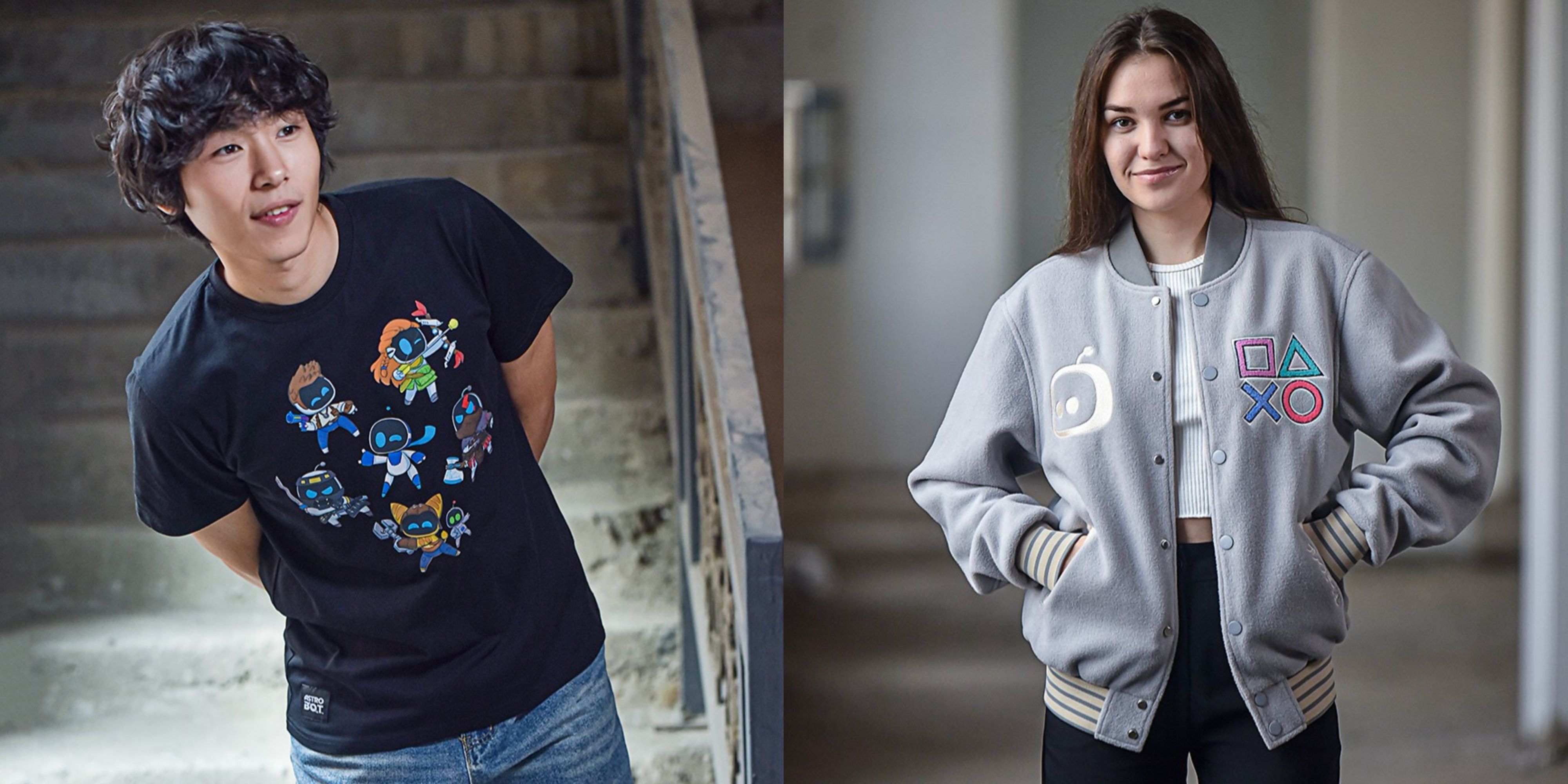 models wearing insert coin's astro bot t-shirt and varsity jacket