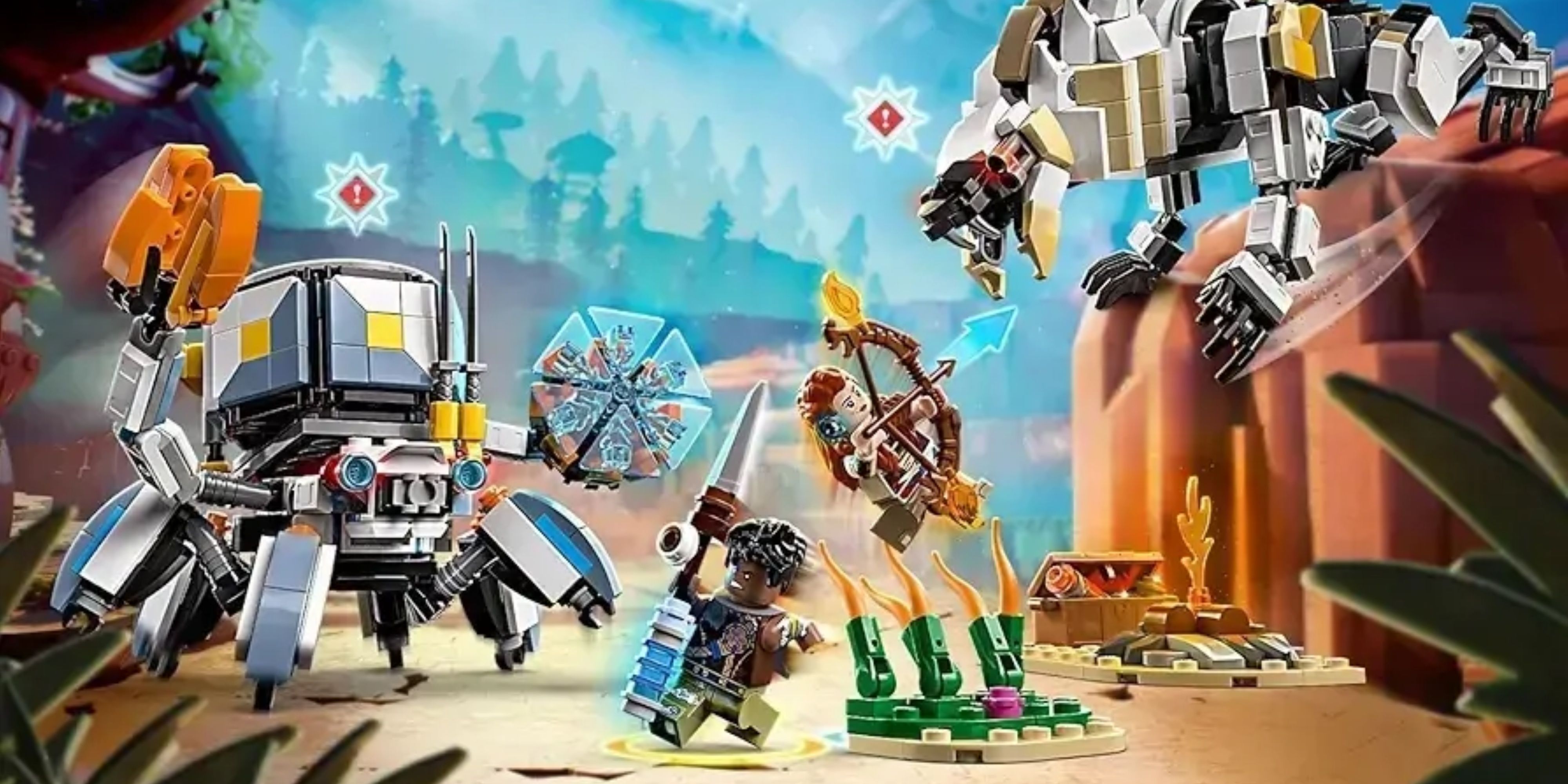 lego horizon adventures set showing aloy and varl attacking a shell-walker and sawtooth.