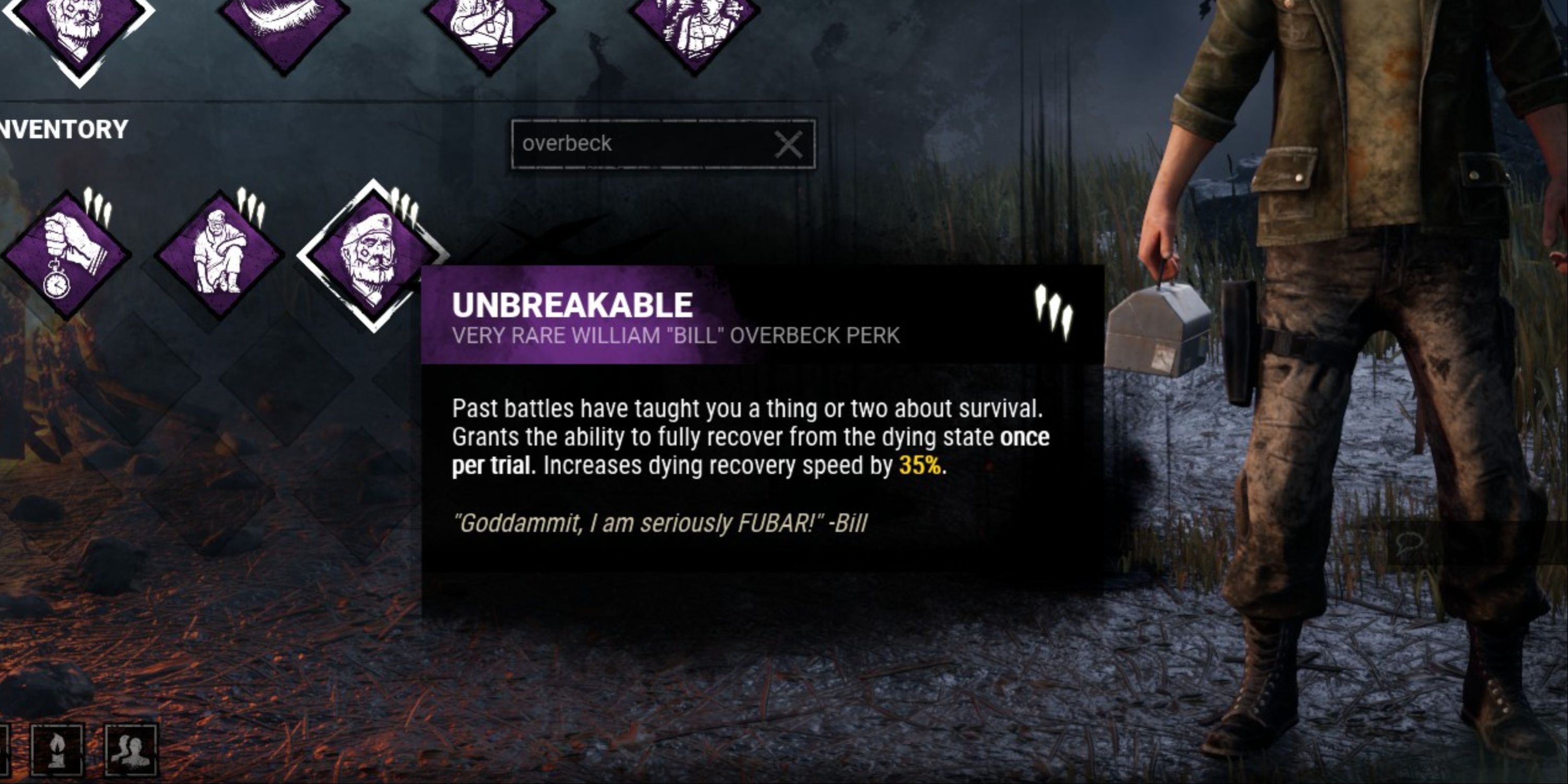 A screenshot of the Unbreakable Perks information displayed in Dead By Daylight.