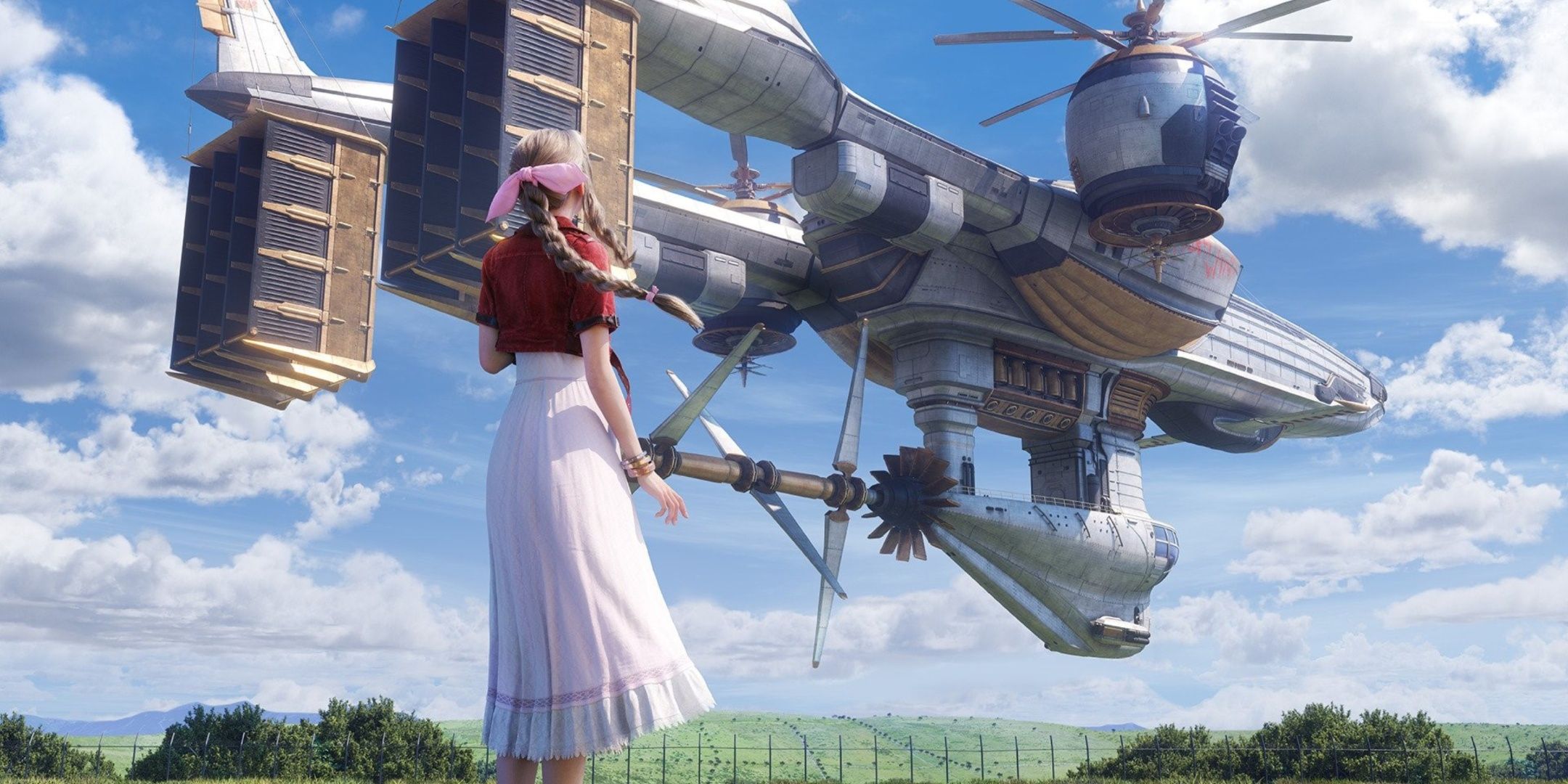 Aerith stands in front of Cid's airship in Final Fantasy 7 Rebirth. 