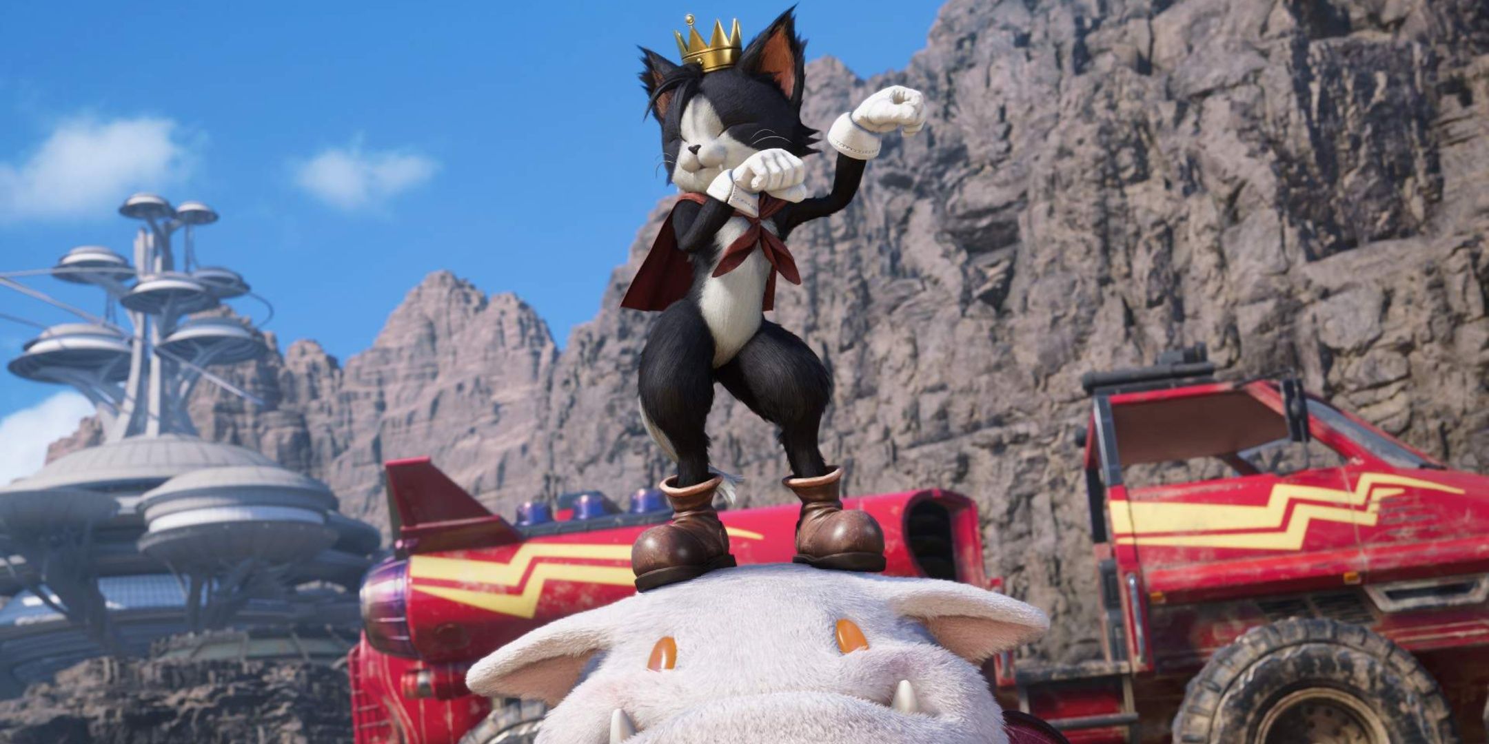 Cait Sith dances on top of his puppet in Final Fantasy 7 Rebirth. 