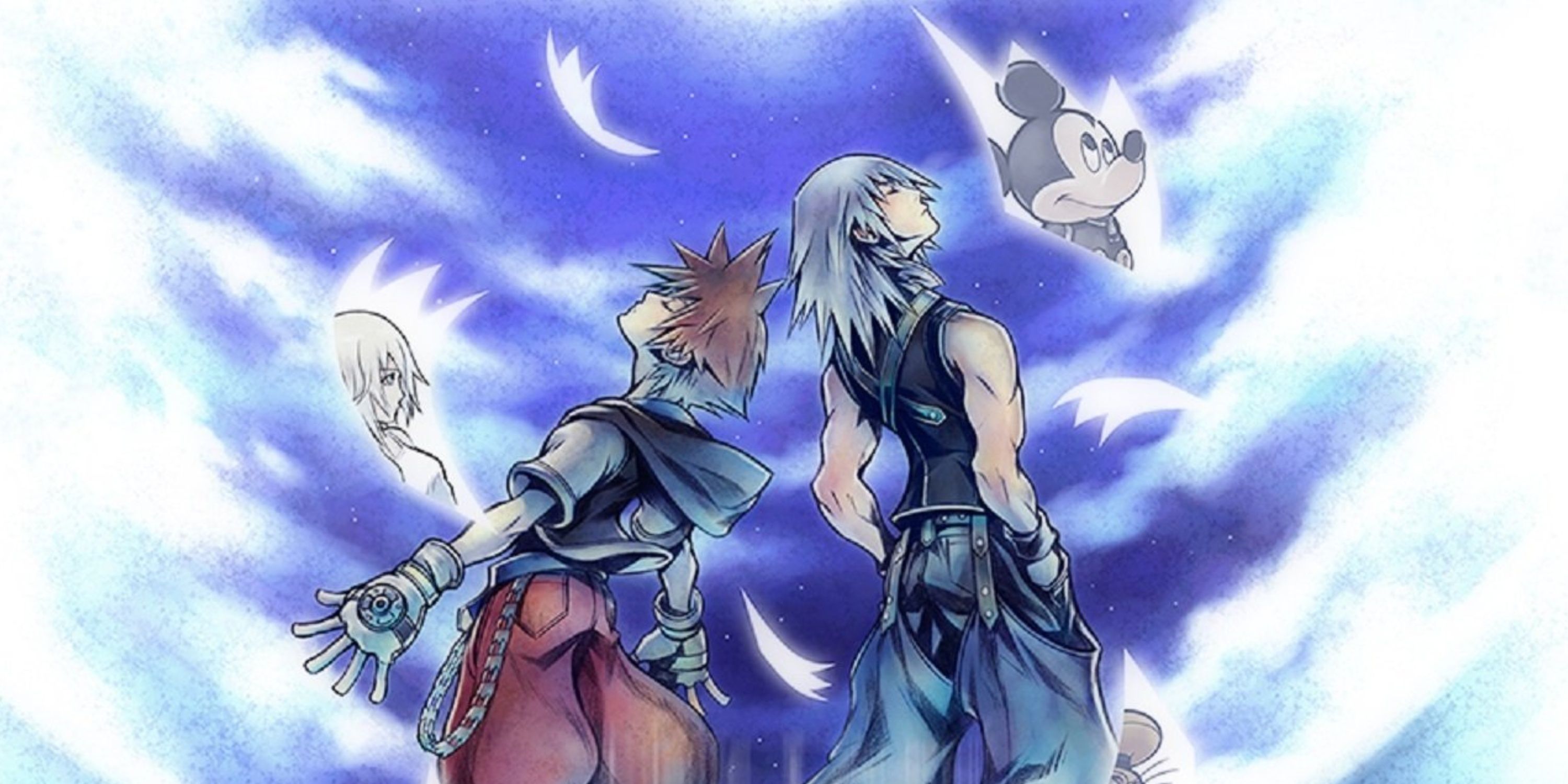 Official art of Re Chain of Memories with Sora and Riku back to back and Namine and King Mickey on cards in the background.