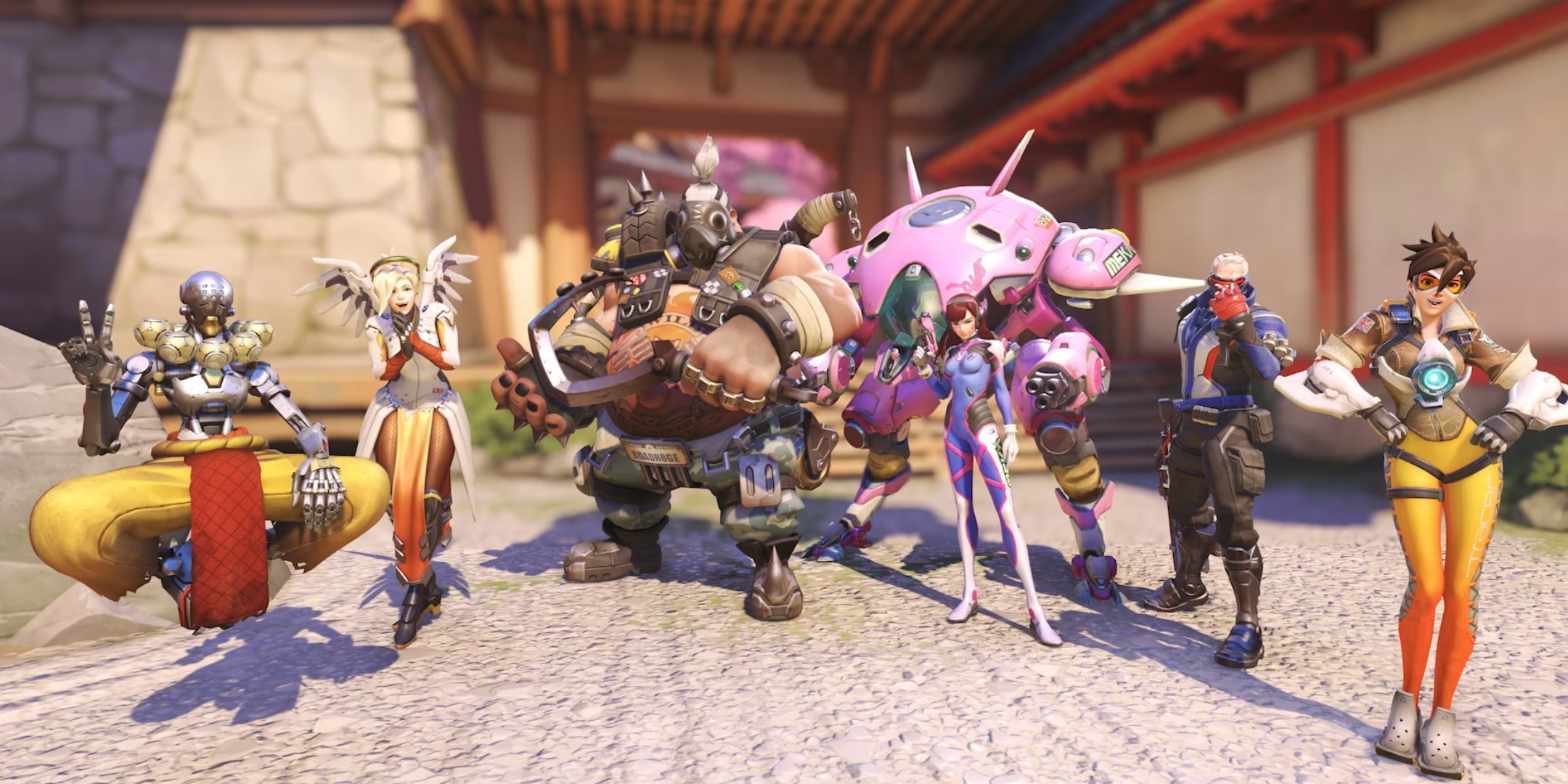 Overwatch characters. From left to right: Zenyatta, Mercy, Roadhog, D.VA, Soldier 76, and Tracer. 