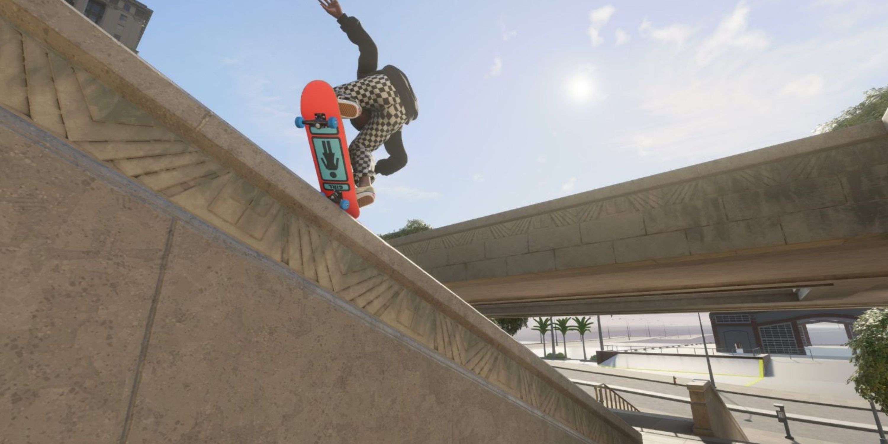 Person skateboarding down a rail in Skate.