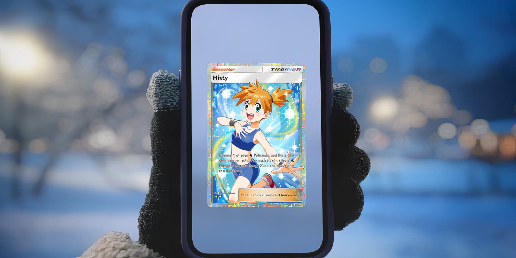 Pokémon TCG Pocket player holding phone displaying misty card