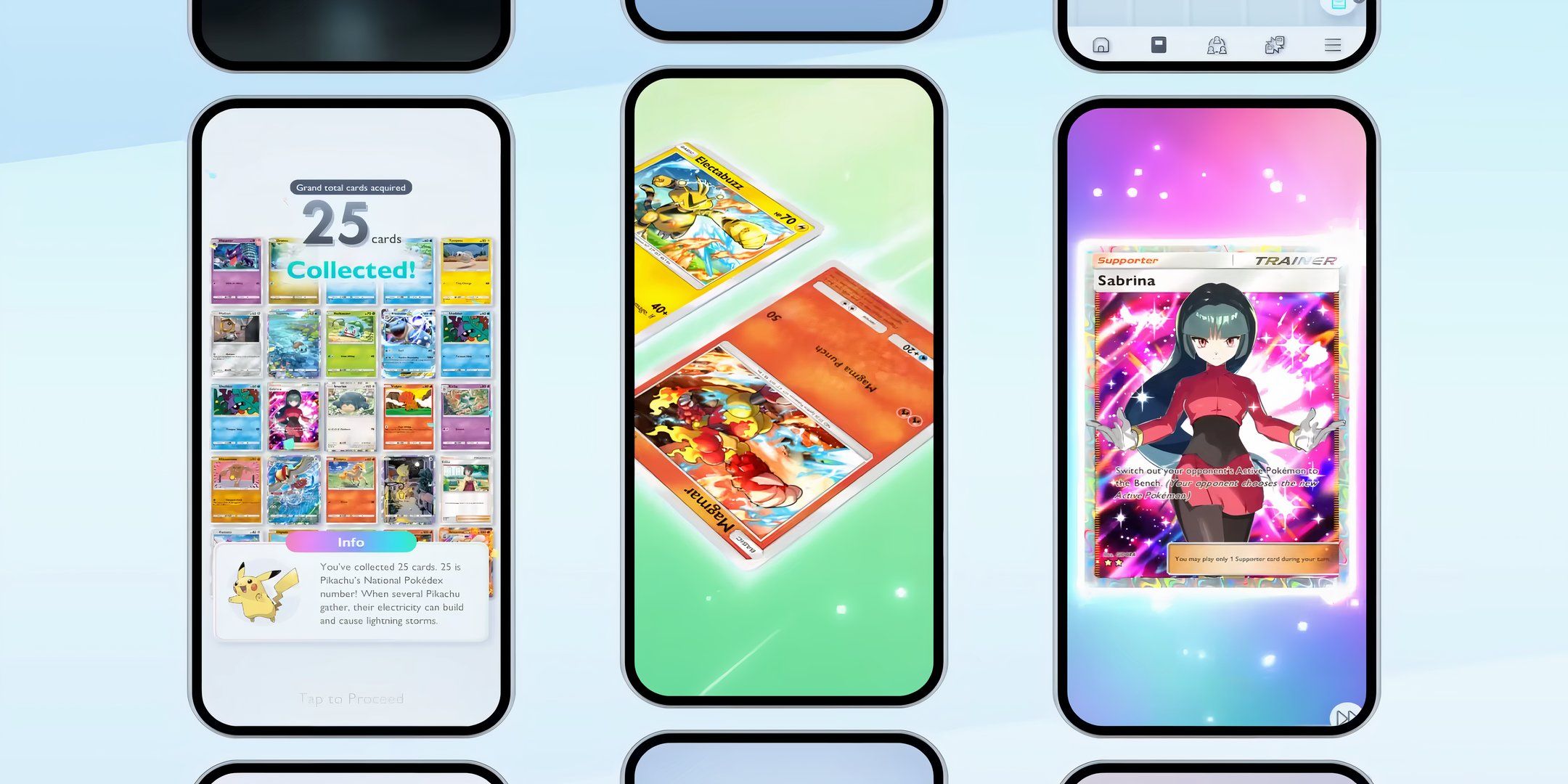 Pokémon TCG Pocket three phones featuring different in-game scences, including magmar