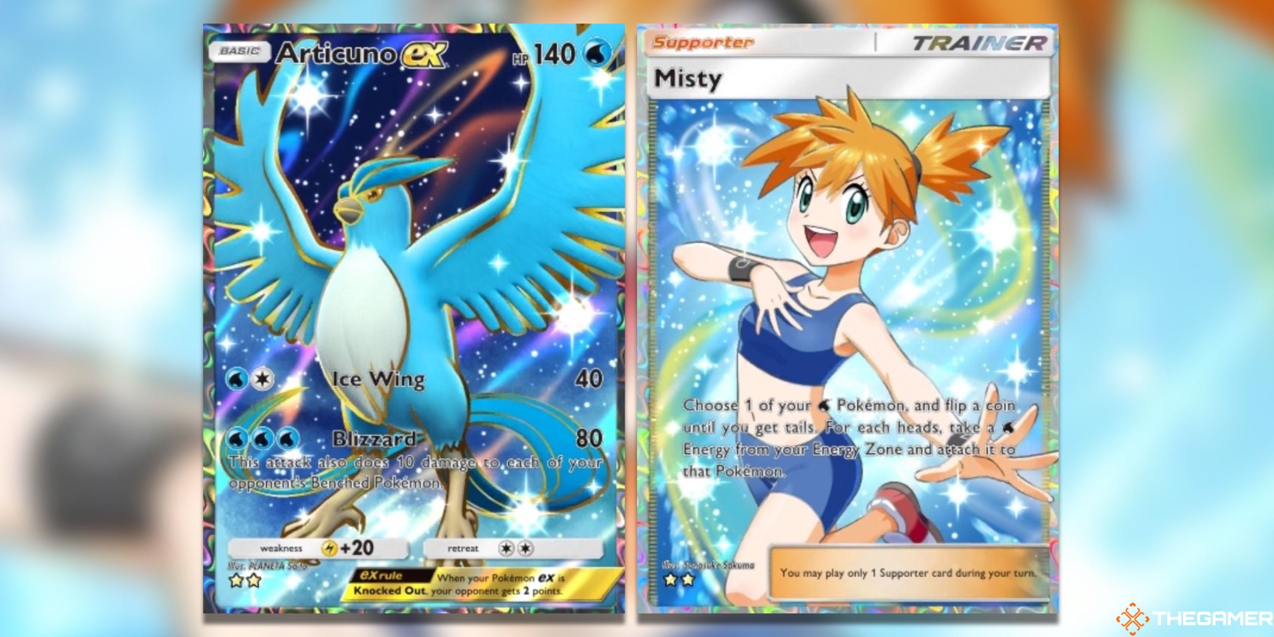 An Articuno EX and Misty Full Art from Pokemon Trading Card Game Pocket.