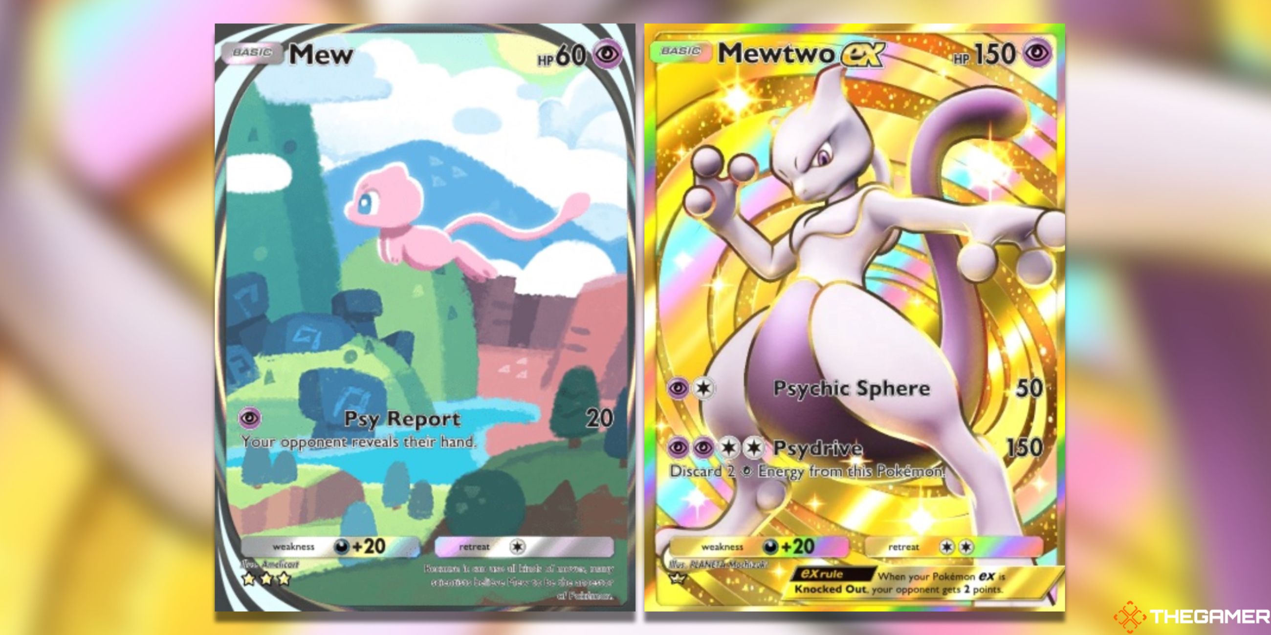 The Mew Full Art and Mewtwo ex Crown Rare in Pokemon Pocket.