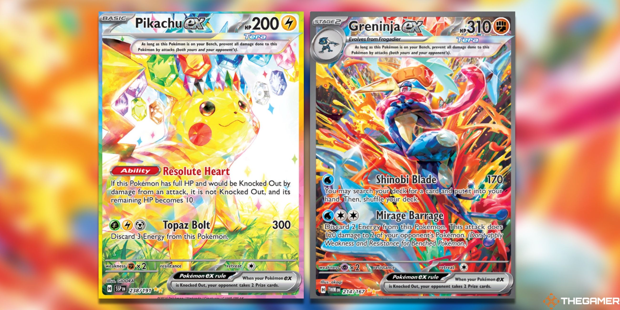 The Pikachu ex from Surging Sparks and Greninja ex from Twilight Masquerade in the Pokemon TCG.