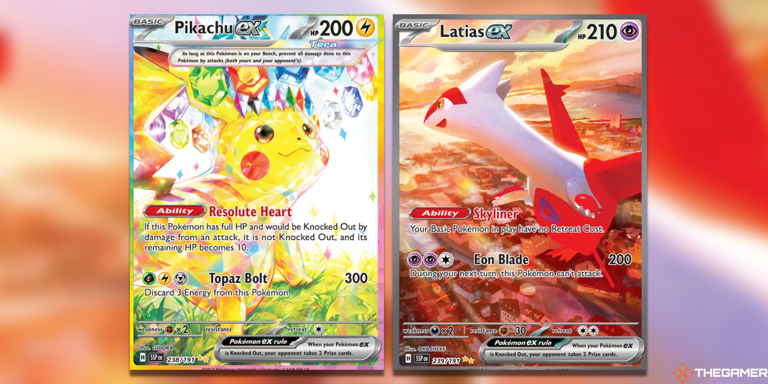 The Pikachu ex and Latias ex SIRs in Surging Sparks of the Pokemon TCG.