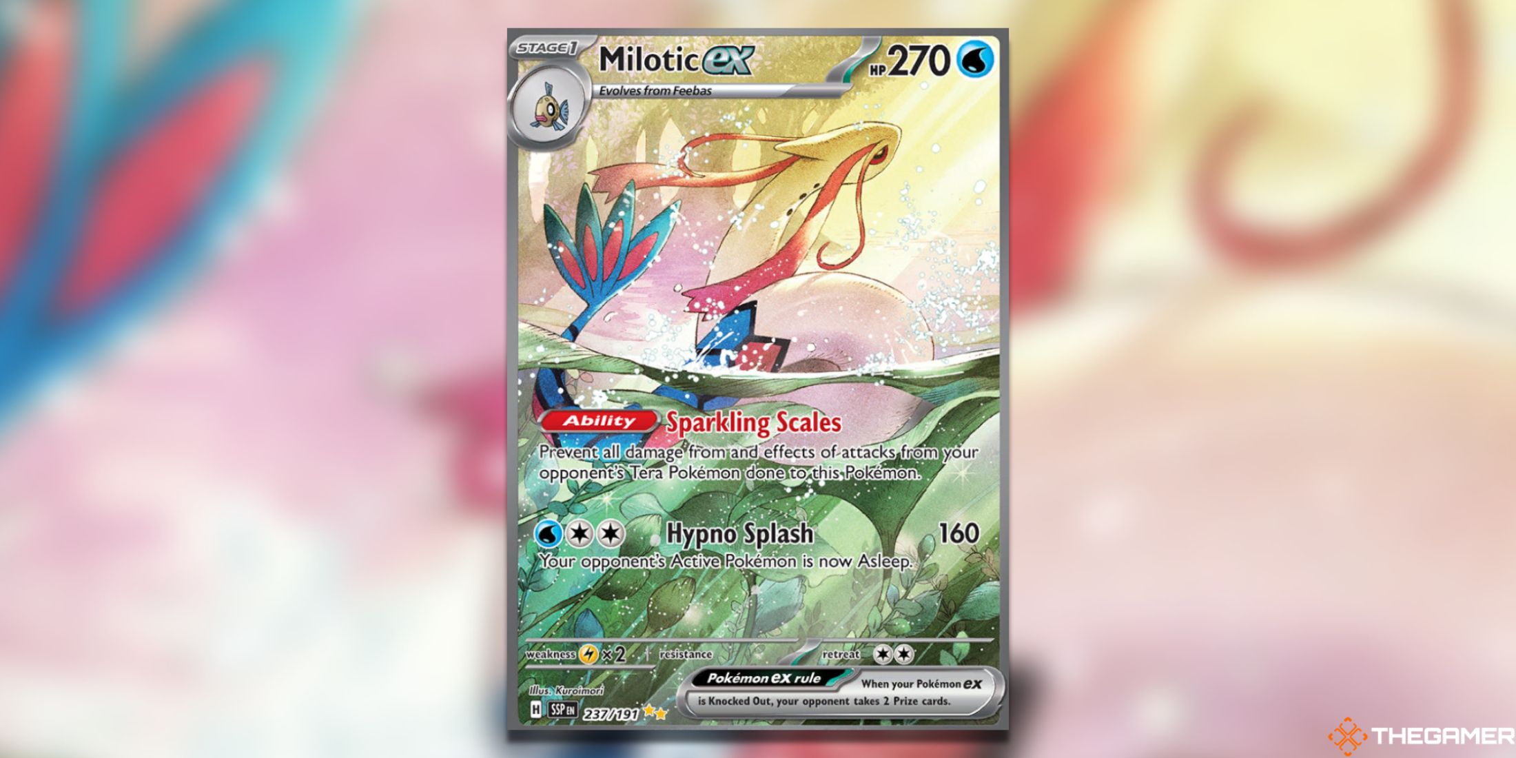 The Surging Sparks Milotic ex SIR in the Pokemon TCG.