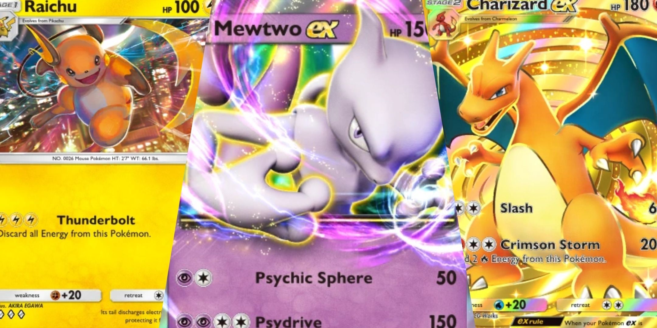 Raichu, Charizard Ex, and Mewtwo Ex.