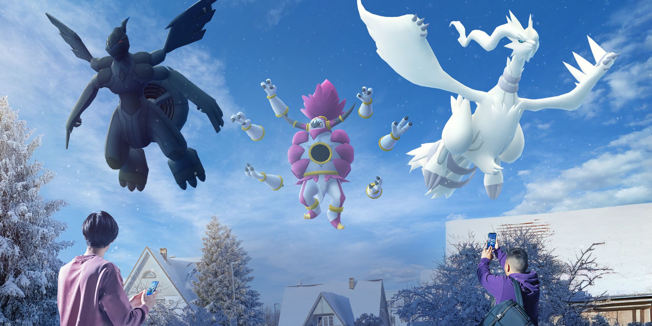 Reshiram, Zekrom, and Hoopa floating in the air above two people holding phones