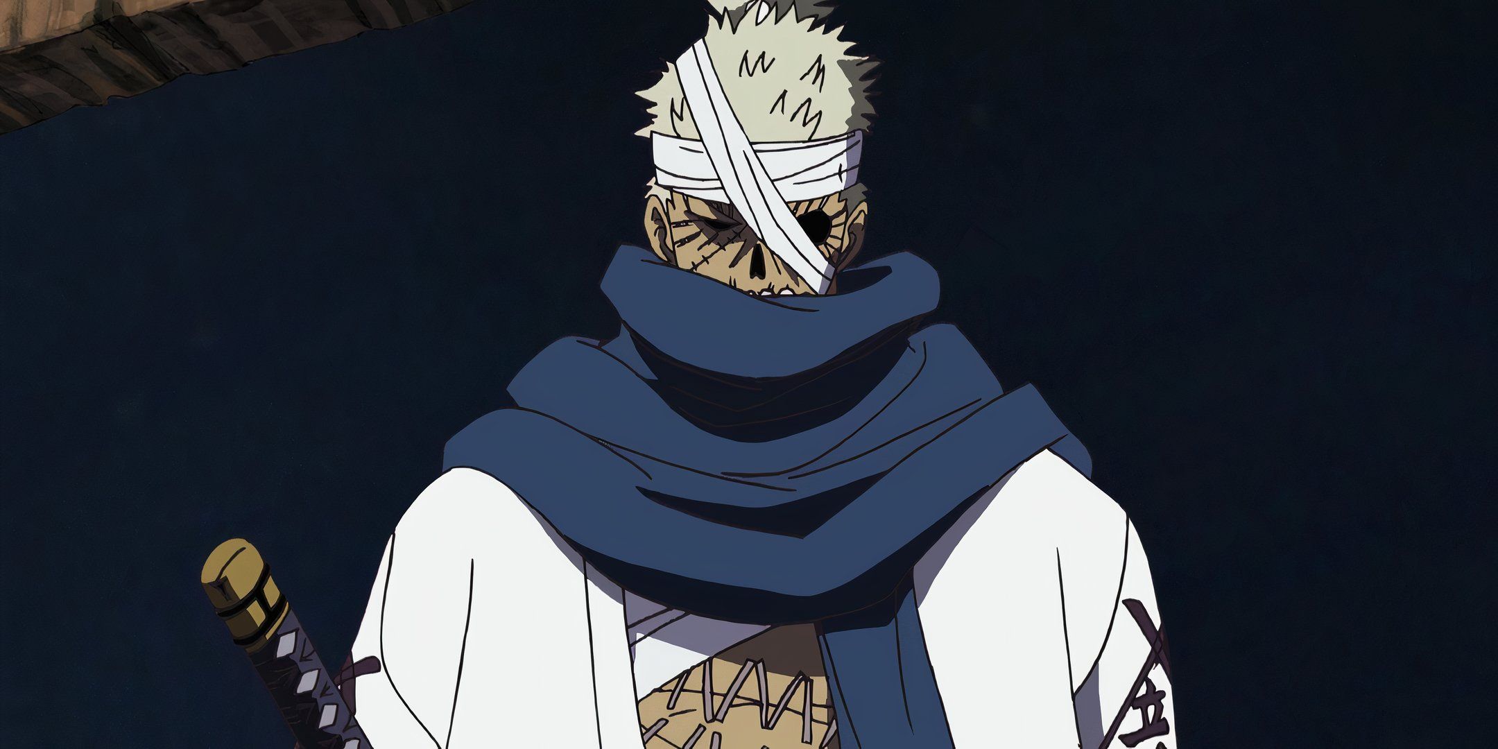 جسد زامبی شده خدای شمشیر ریوما که در One Piece ثابت ایستاده است.