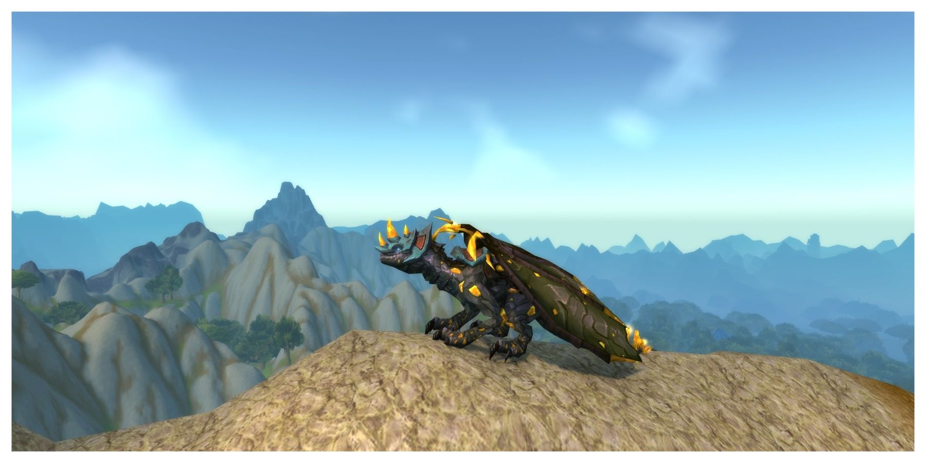 The Sandstone Drake mount on a mountain in World of Warcraft.