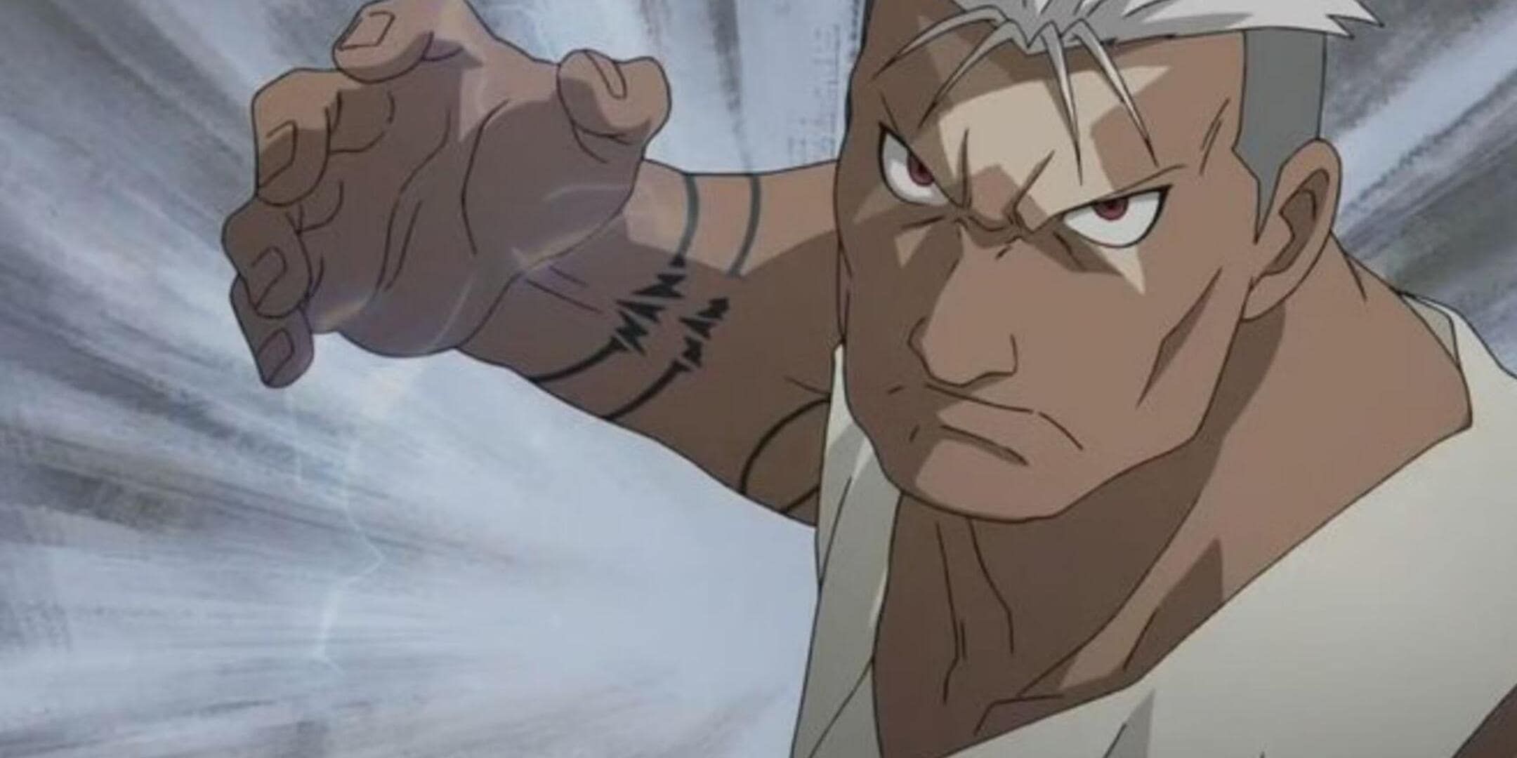 Scar from Fullmetal Alchemist preparing to fight.