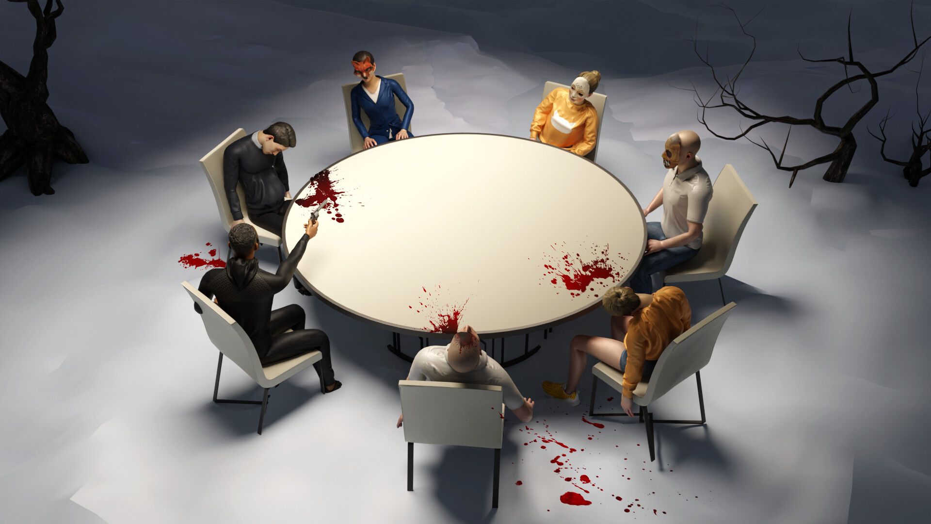 Seven people play russian roulette at a bloody table.