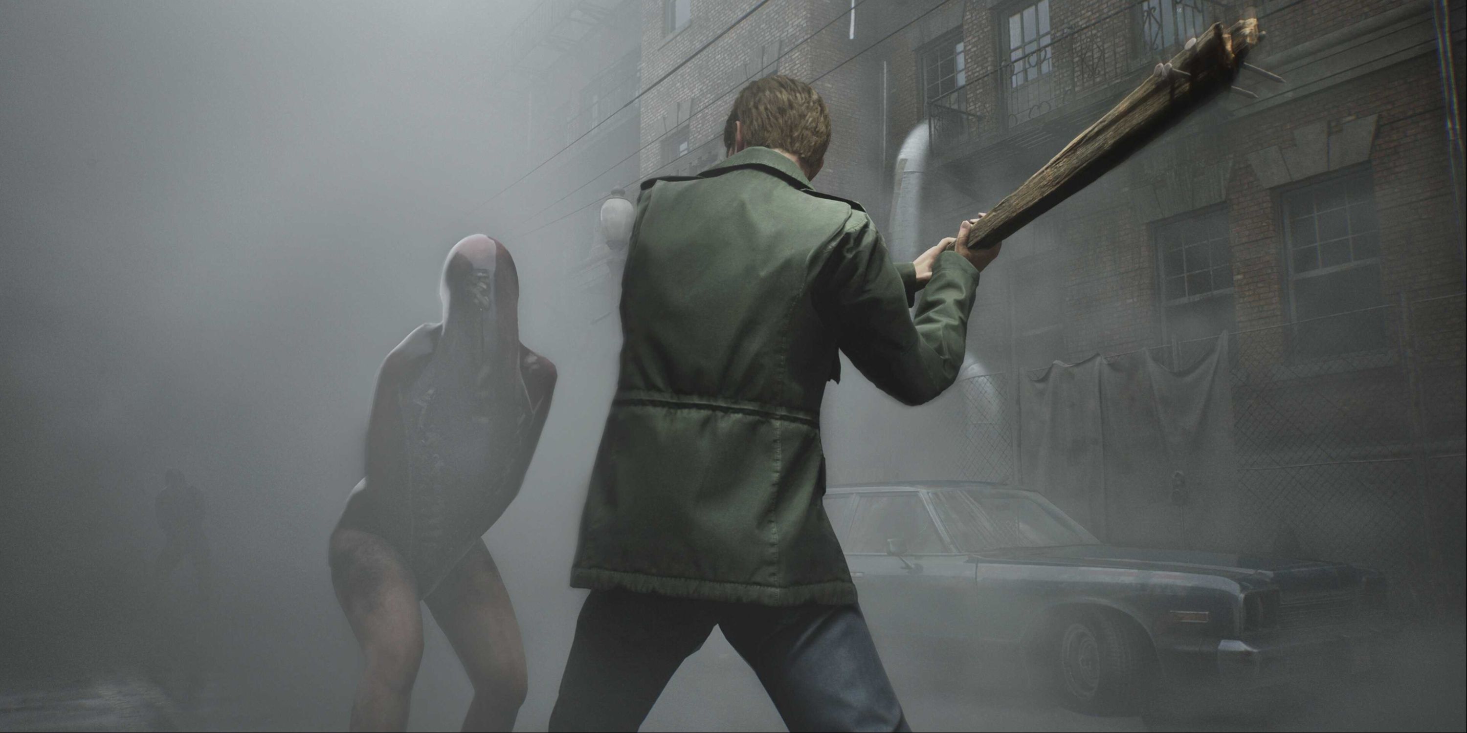 Silent Hill 2 - James taking a swing at a Lying Figure with the wooden plank in the foggy streets.