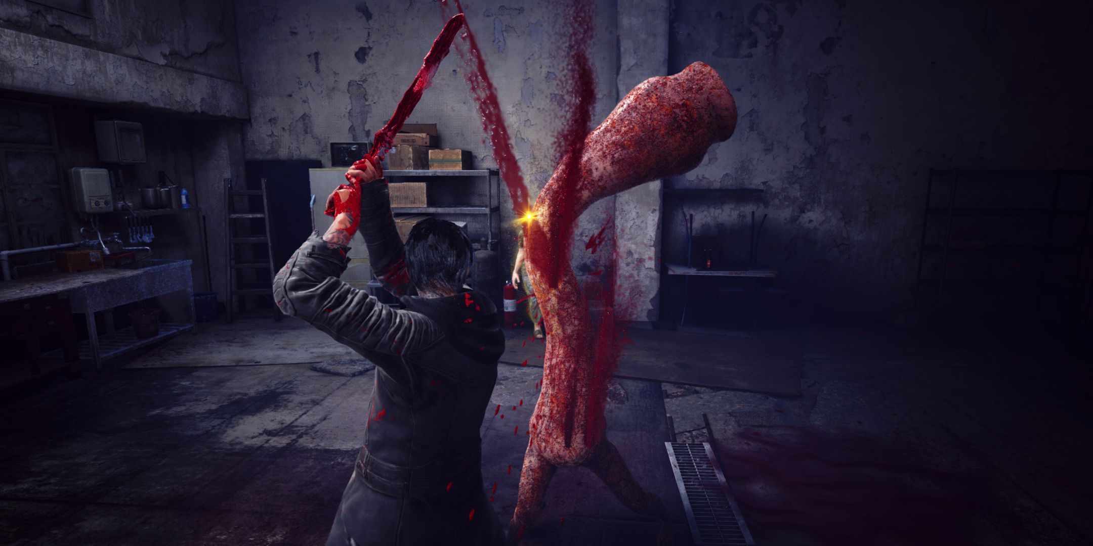 A character slicing an enemy with a blade in Slitterhead, with blood gushing out of the wound